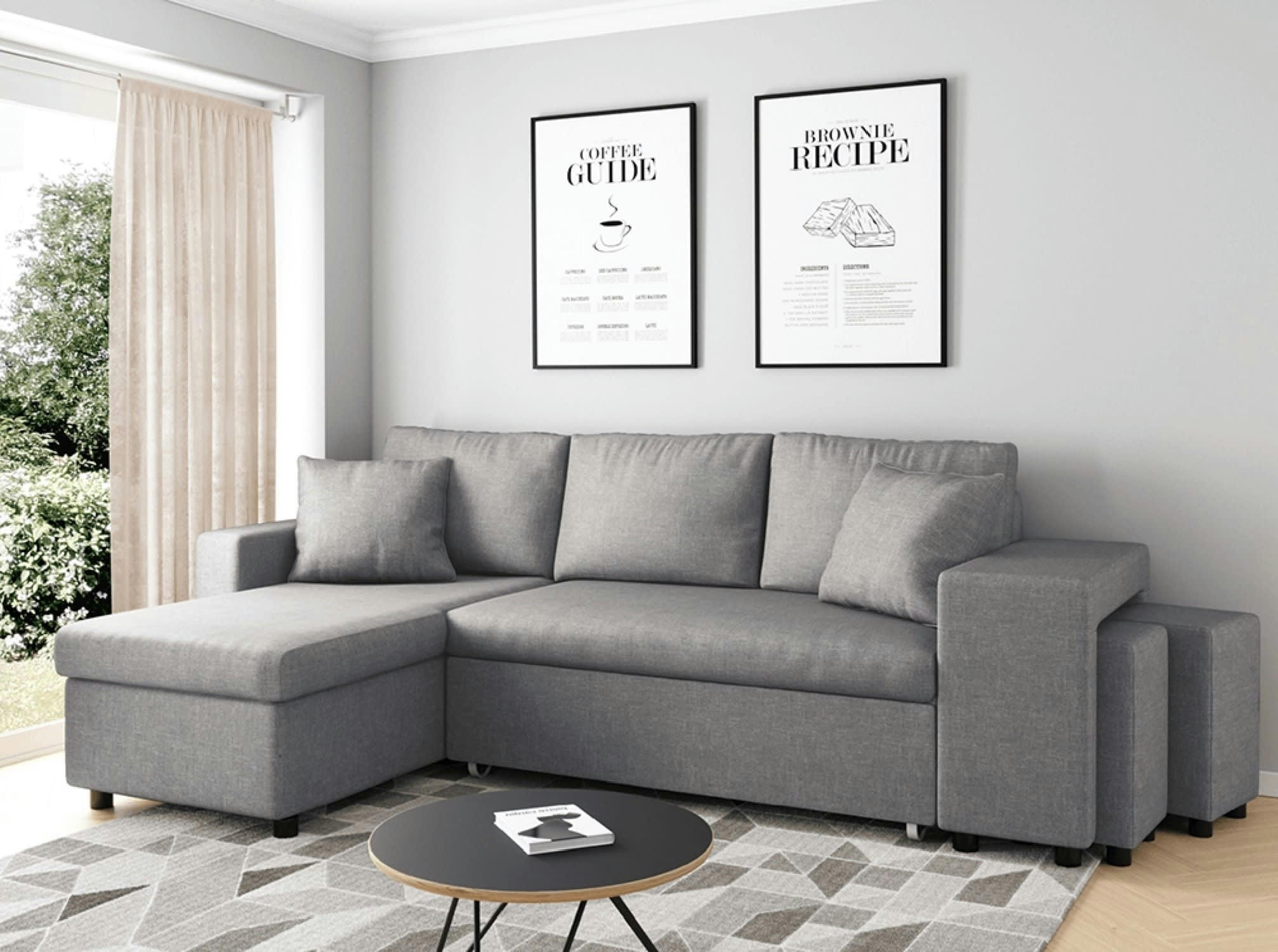 OSLO - Canapé d'angle convertible gris clair avec rangement poufs à gauche