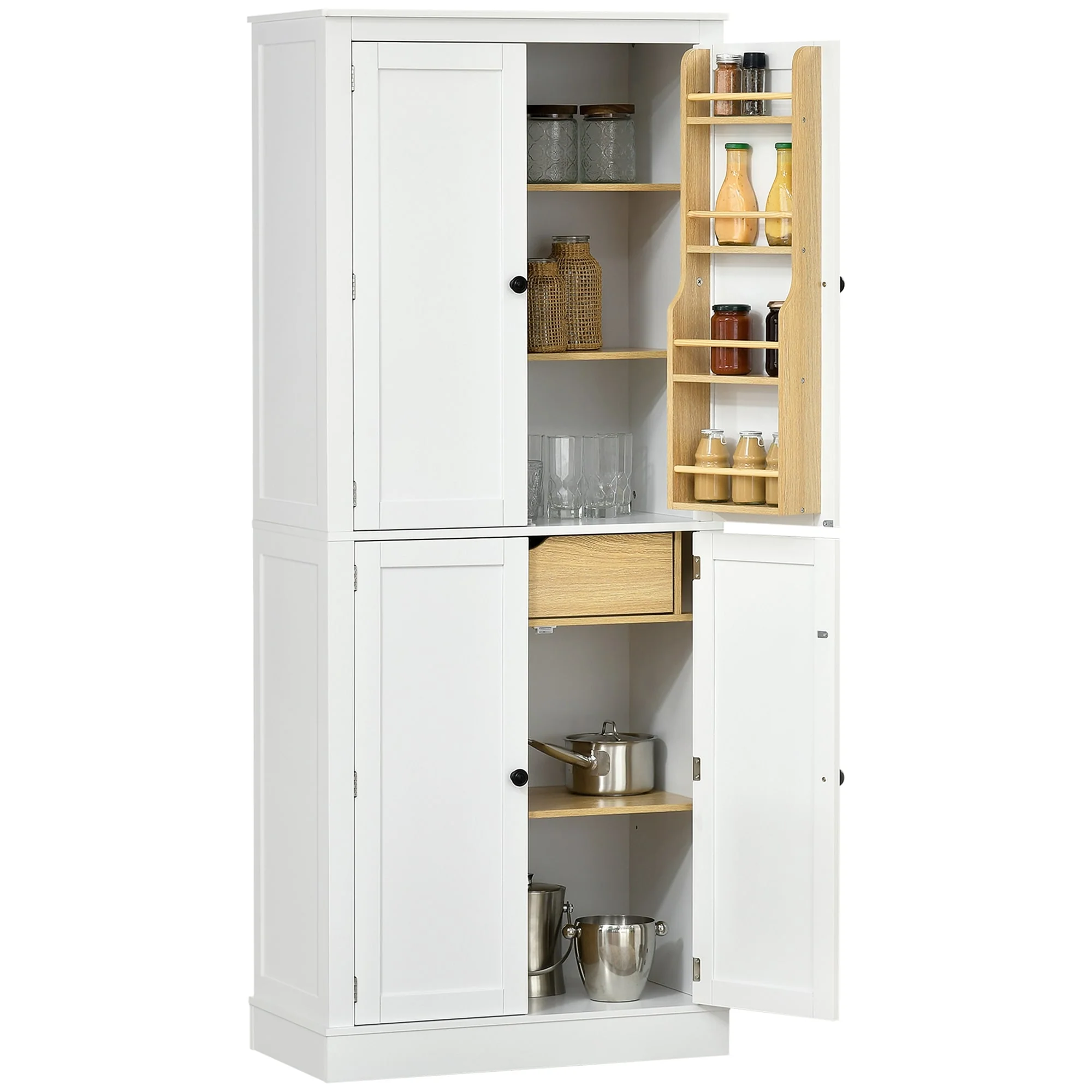 HOMCOM 72 Kitchen Pantry, Modern 4-Door Kitchen Storage Cabinet with Inside Drawer, Hanging Door Shelves,White