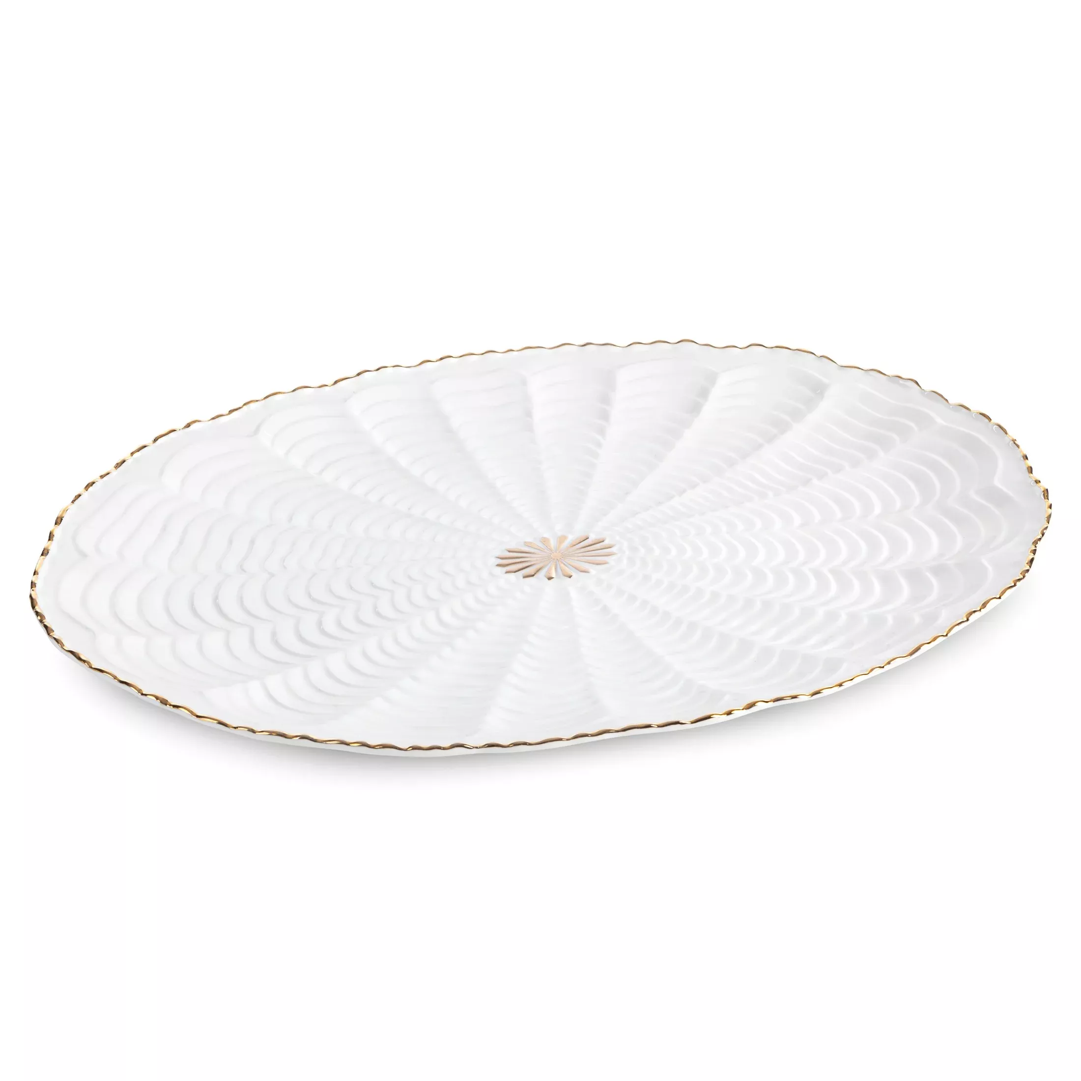 Patera ceramicznadekoracyjna kremowo-złota z wypukłym wzorem i złotymi akcentami 41x28x3 cm GAIA
