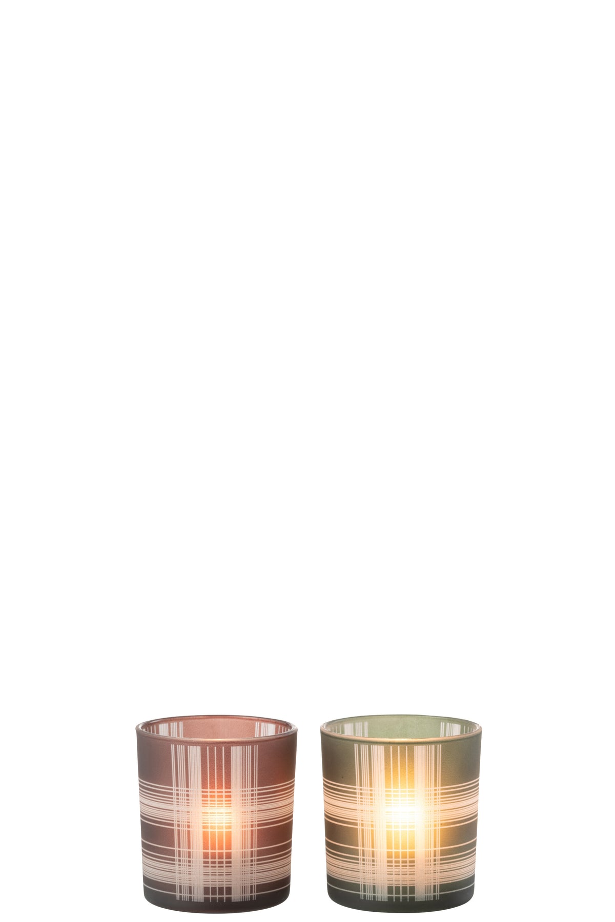 J-Line windlicht Geruit - glas - bruin/groen - small - 2 stuks