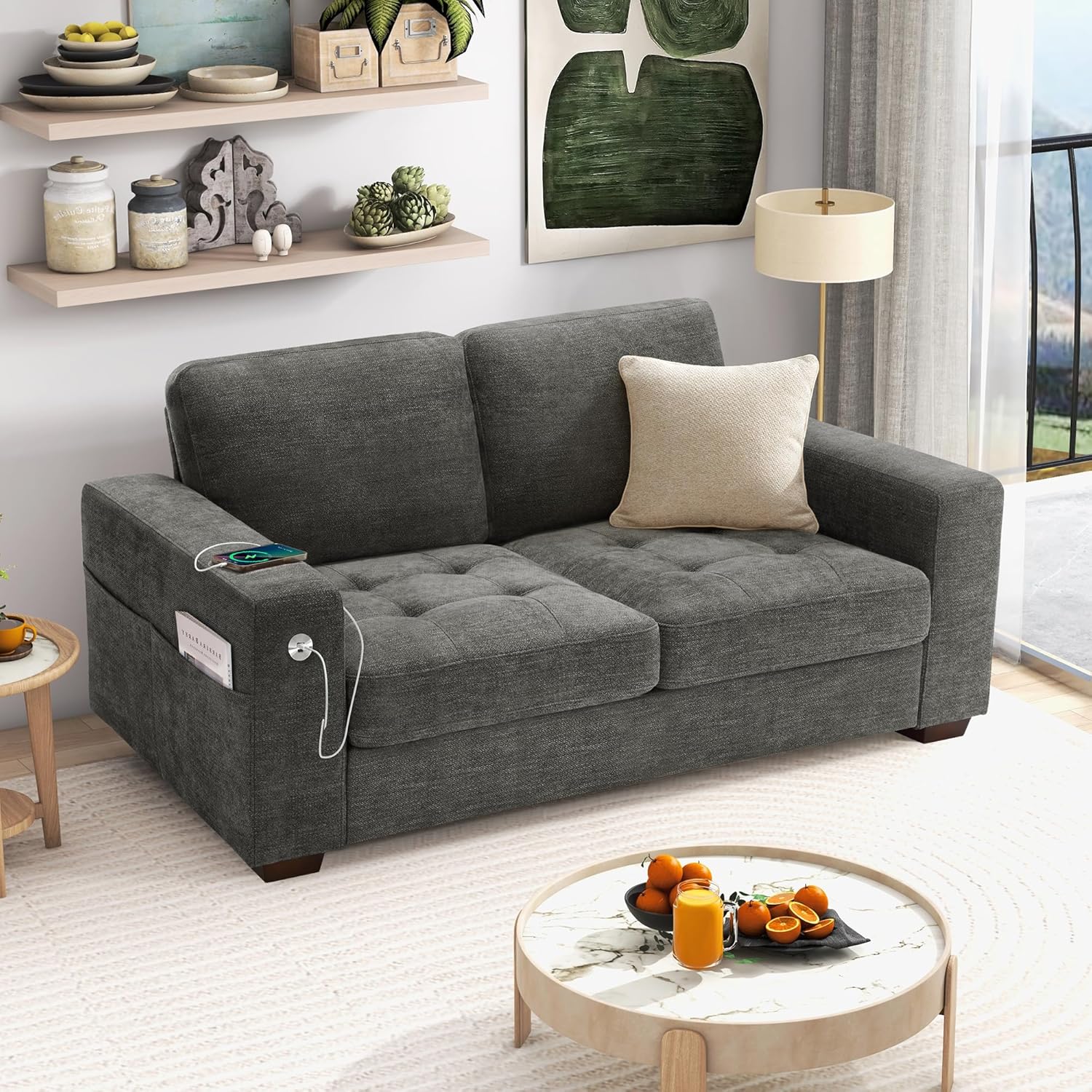 Hanherry 89 Sofa for Living Room, Modern Comfy Sofa with Medium Firm Seat Cushion, Removable Cover,Wide Armrest,USB/Type-C Port,Chenille Fabric Couches for Small Space,Apartment(70 inch/Beige)