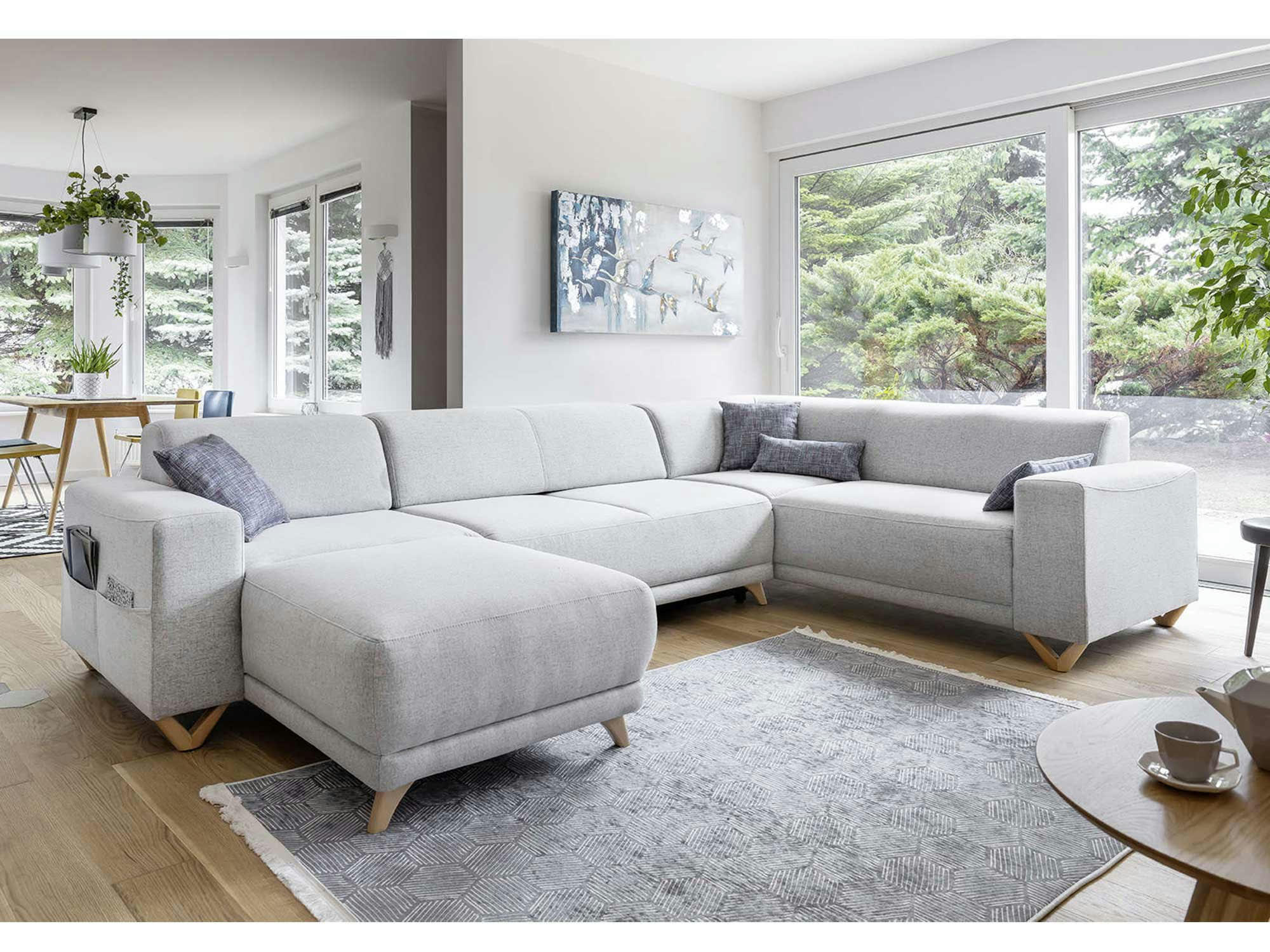 BELLA - Canapé panoramique 7 places angle droit en tissu gris clair