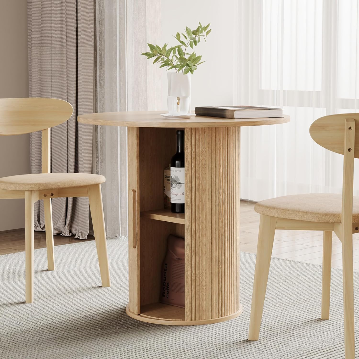 31.5 Round Dining Table for 2-4, Modern Farmhouse Kitchen Table with 2-Tier Storage Shelf, Small Wooden Circle Dining Tables with Fluted Base for Home Dining Room Living Room (Natural)
