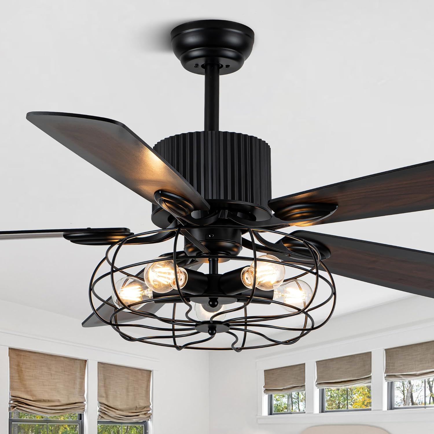 52 Farmhouse Ceiling Fans with Lights and Remote,Industrial Caged Rustic Retro Chandelier Ceiling Fan with Reversible Motor,5 Double Colour Blades for Dining Room Living Room Bedroom