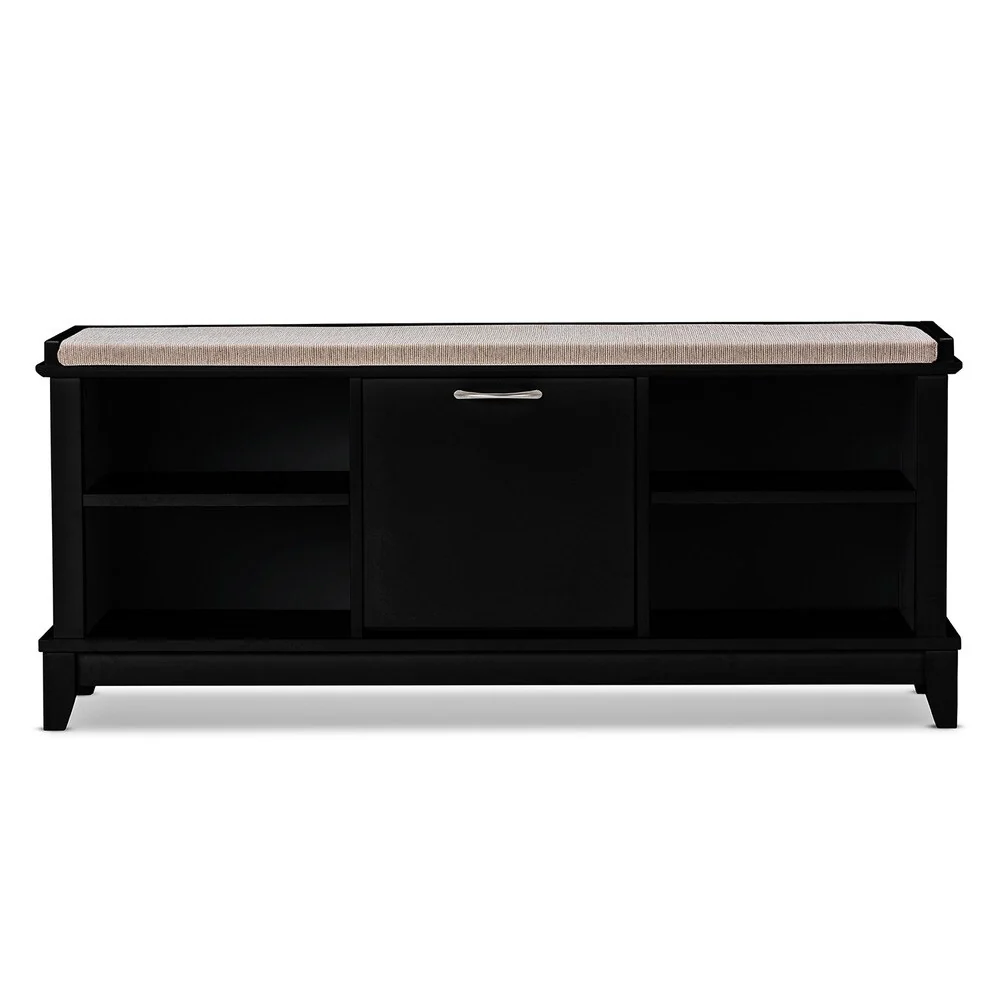 Ramos Contemporary Brown Solid Wood Shoe Storage Bench With Beige Cotton Fabric Upholstered Seat Cushions With Foam Padding