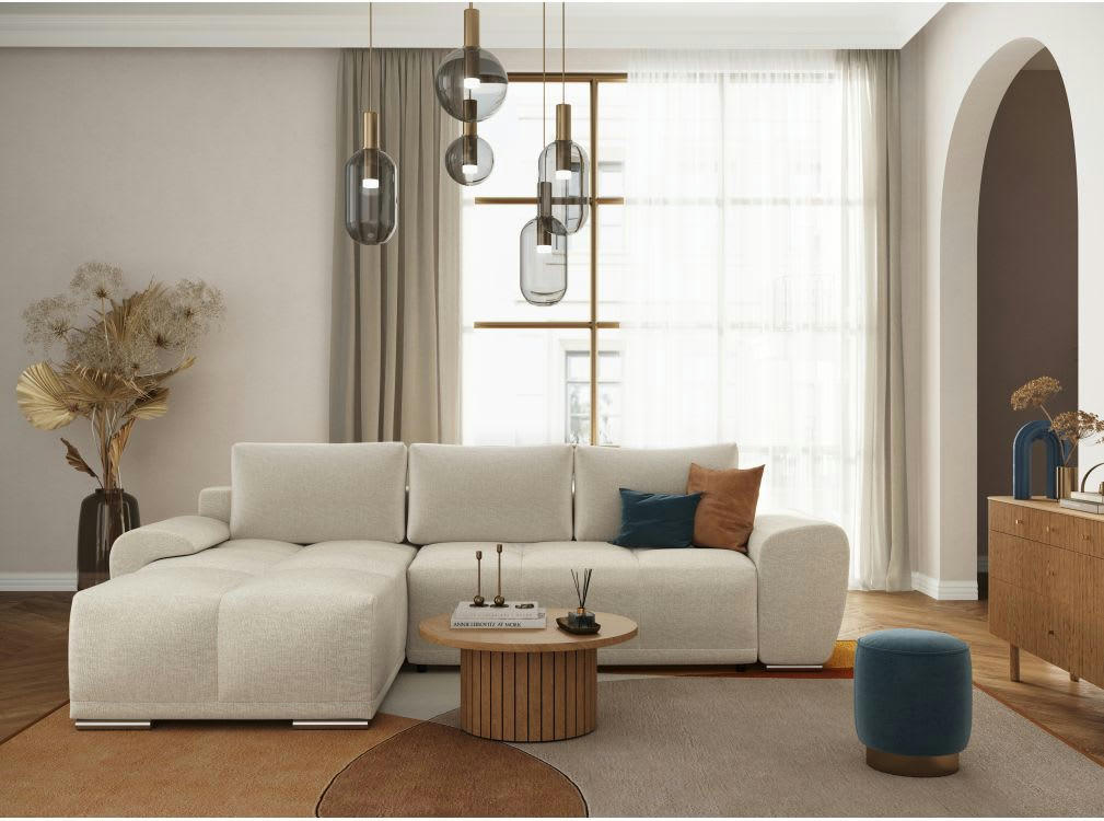 - Canapé d'angle gauche 3 places convertible avec coffre - Tissu Beige