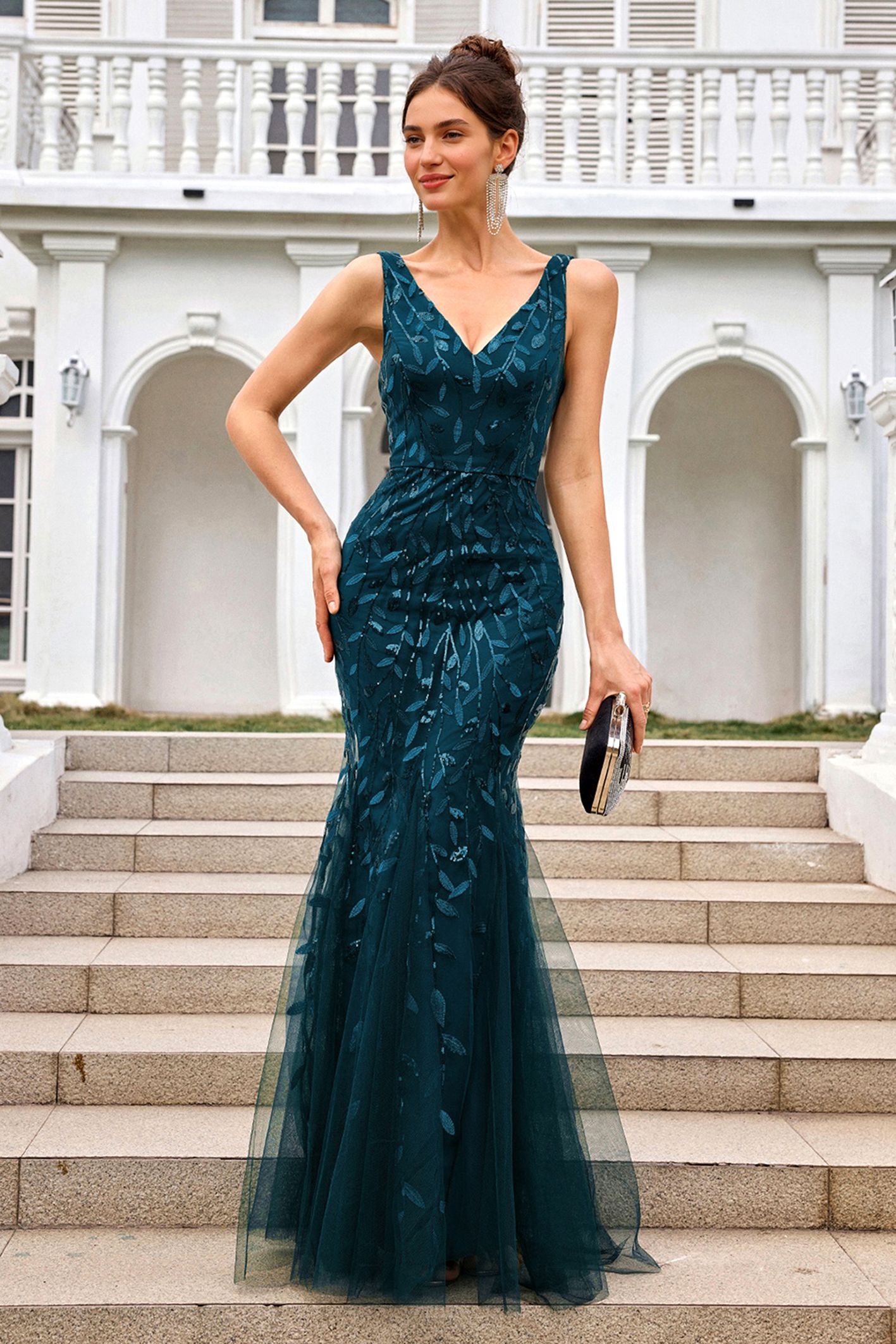 FS Collection Sequin Leaf Detailed V Neck Bridesmaid Maxi Dress In Teal
