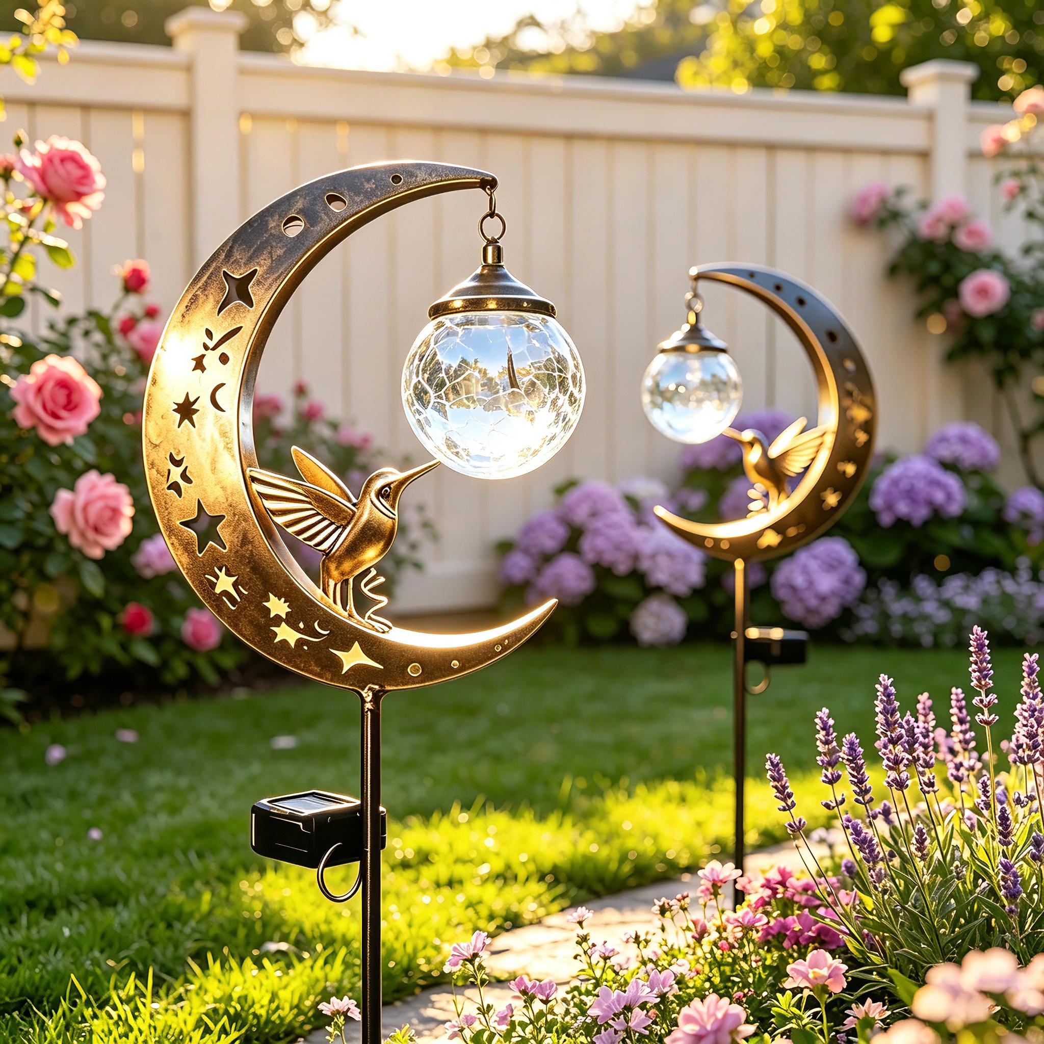 Hummingbird Solar Garden Light, Moon Garden Stake Lamp, Cracked Glass Outdoor Light, Vintage Metal Yard Art, Patio Lawn Decor Gift