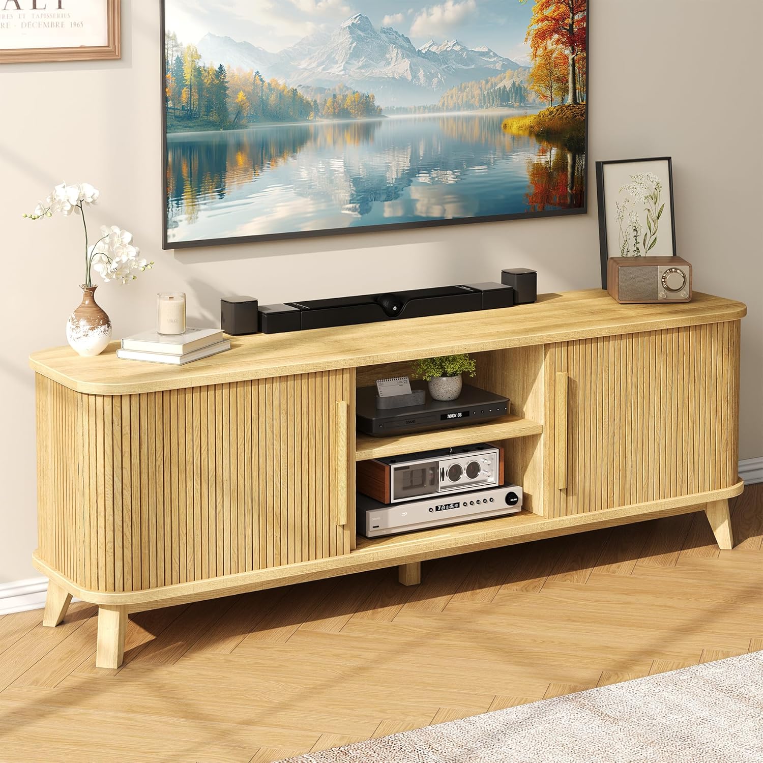 66 TV Stand for TVs up to 80, Mid-Century Modern Entertainment Center, TV Console with Storage Cabinet and Adjustable Shelves, Wood Curved Media Console with Sliding Door for Living Room,Natural Oak