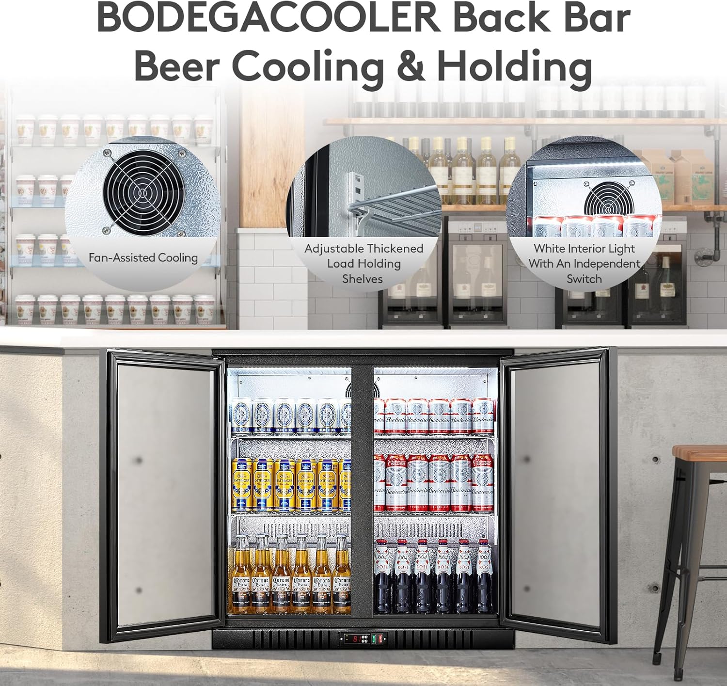 BODEGACOOLER Back Bar Cooler With 2 Glass Doors,7.4 Cu.Ft Commercial Counter Height Beverage Refrigerator,Display Bar Fridge with LED Lighting,21 inch Beverage Cooler for Store,Lobby,Restaurant,Clubs