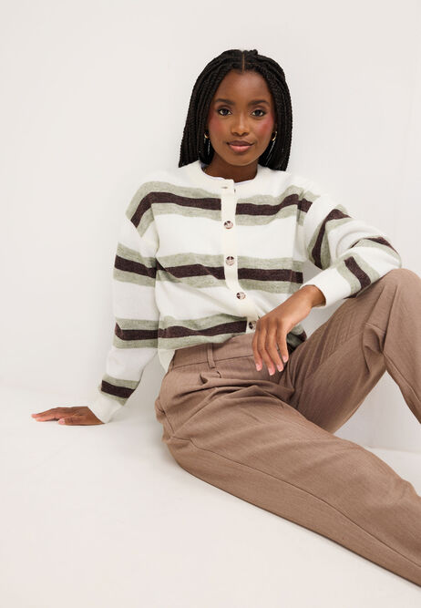 Womens Cream Stripe Wool Blend Cardigan