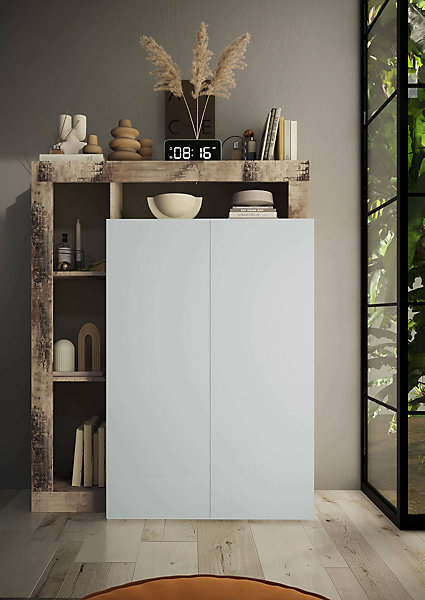 Armoire polyvalente à 2 portes Dbea, Meubles multifonctionnels, Support à chaussures, 78x35 h116 cm, Blanc brillant et Chêne clair