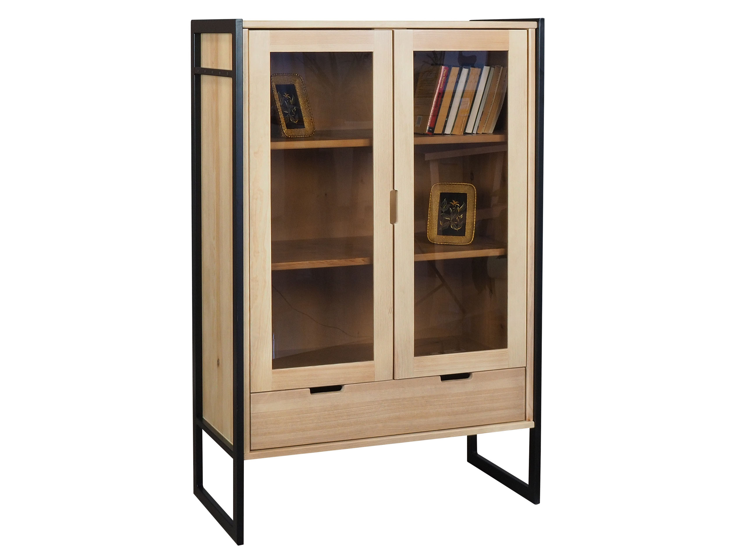 Witryna Loft wood drewniana, kolor dębowy, szkło dymione