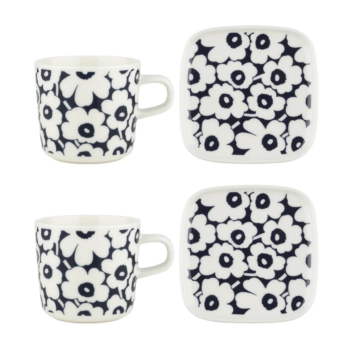 Marimekko - Oiva Pikkuinen Unikko Becher mit Henkel & Teller, dunkelblau / weiß (4er-Set) (60th Anniversary Collection)