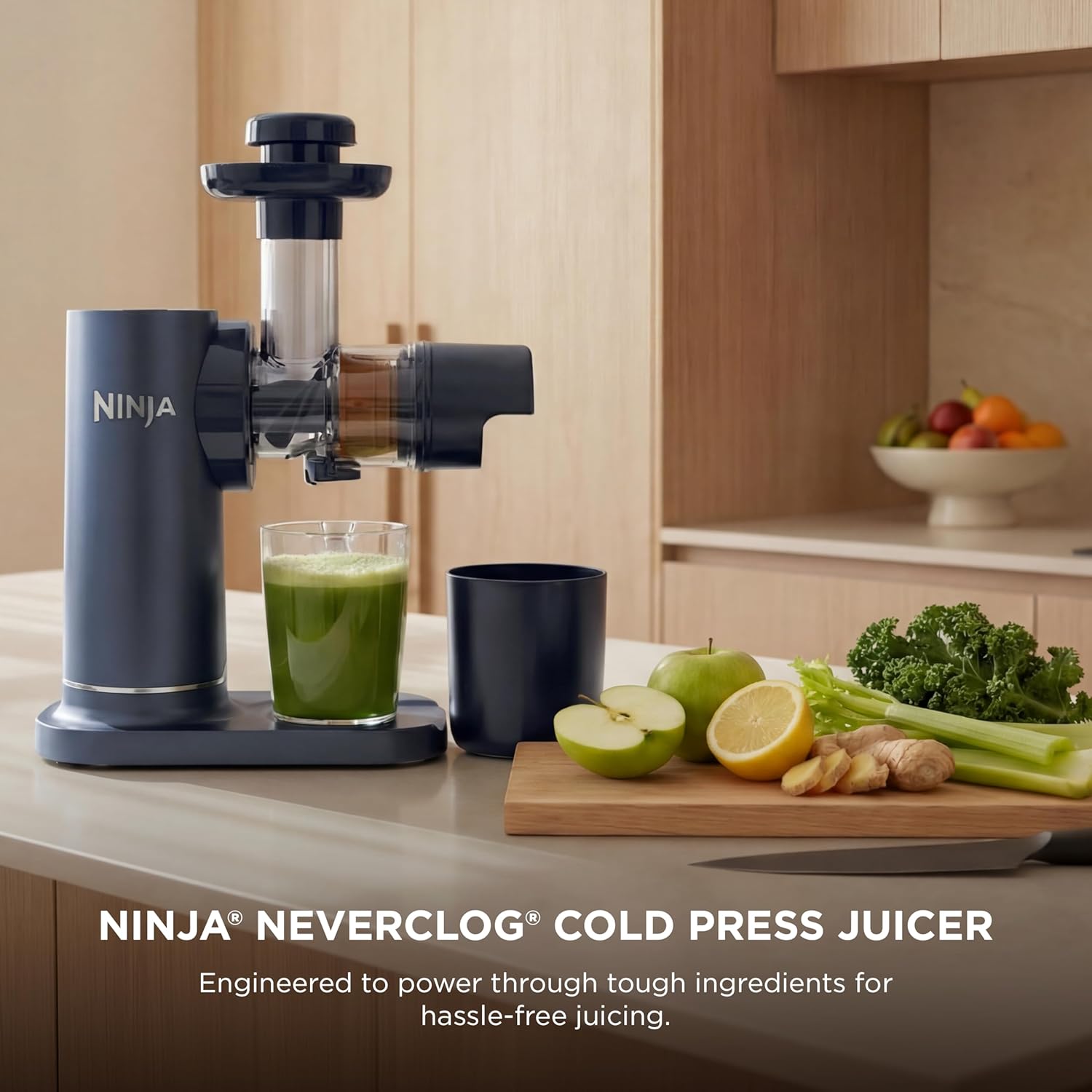 Ninja NeverClog Cold Press Juicer | Powerful Electric Slow Masticating Juicer with Pulp Control | XL Capacity | 24 oz. Juice Jug & 36 oz. Pulp Container | Dishwasher Safe | Navy | 150W | JC151​NV