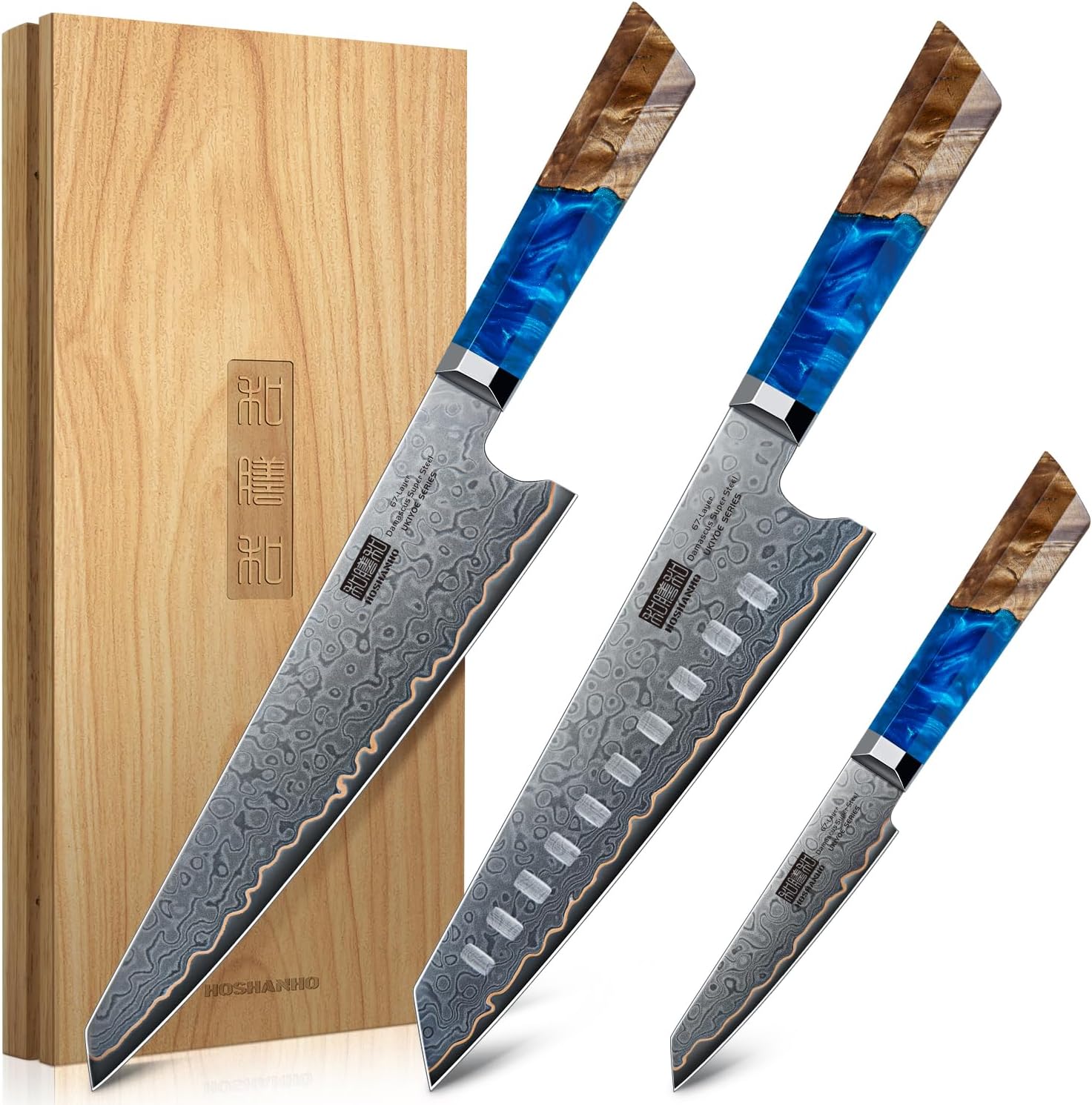 HOSHANHO Damascus 3 Pieces Knife Set, Professional 67-Layer Damascus Steel Kitchen Knife Set, Ultra Sharp Japanese Chef Knives Set with Ergonomic Blue Resin Stabilized Handle & Wood Gift Box