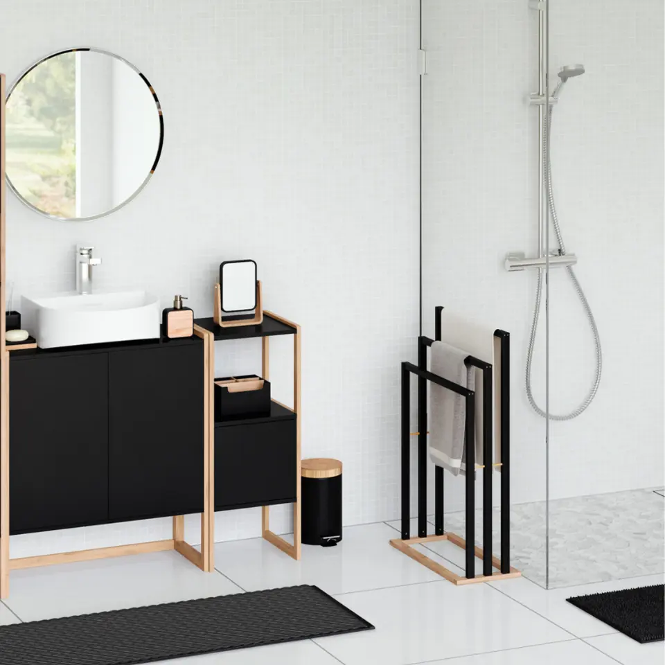 MISOU Handdoekrek Zwart Handdoekhouder Vrijstaand Badkamer Bamboe Accessoires...