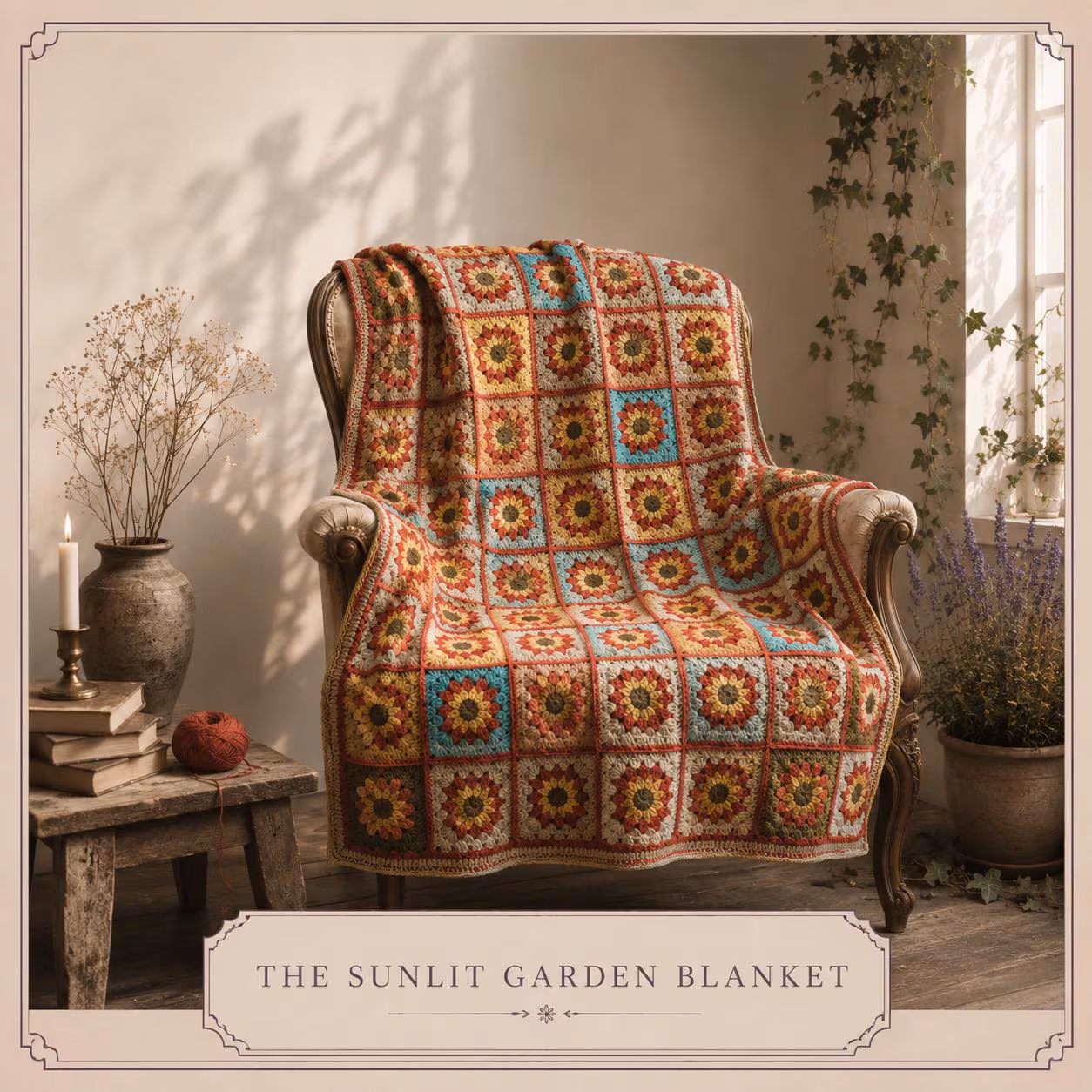 The Sunlit Garden Blanket – Crochet Granny Square, Autumn Floral Throw
