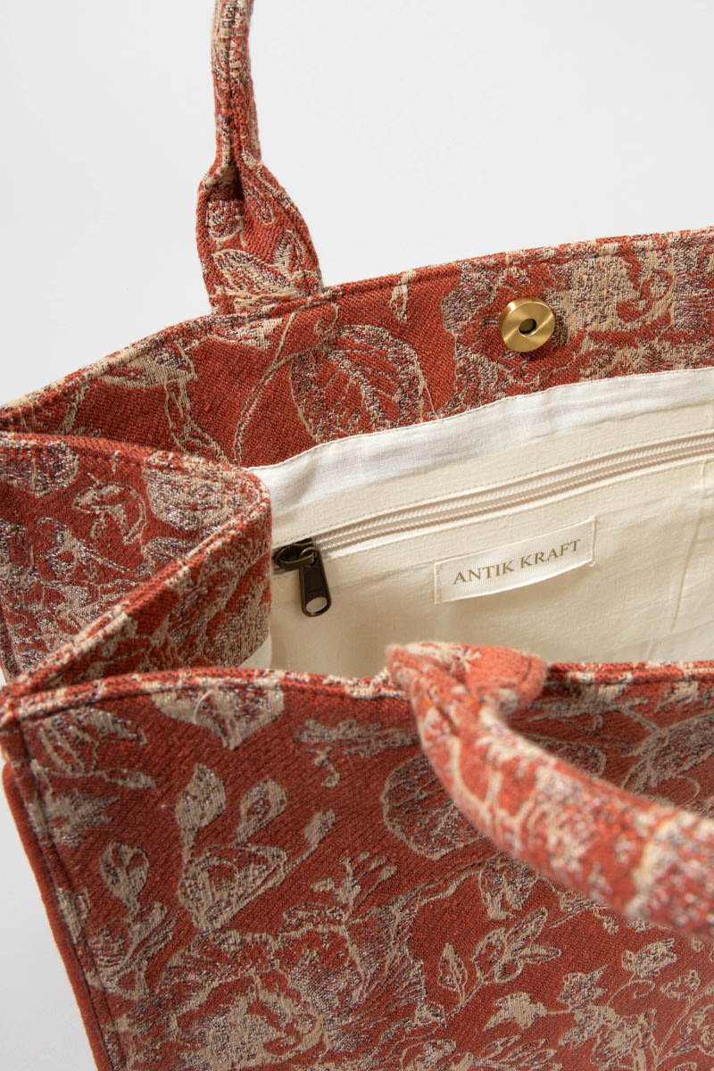 Jeanna Floral Canvas Tote Bag Rust