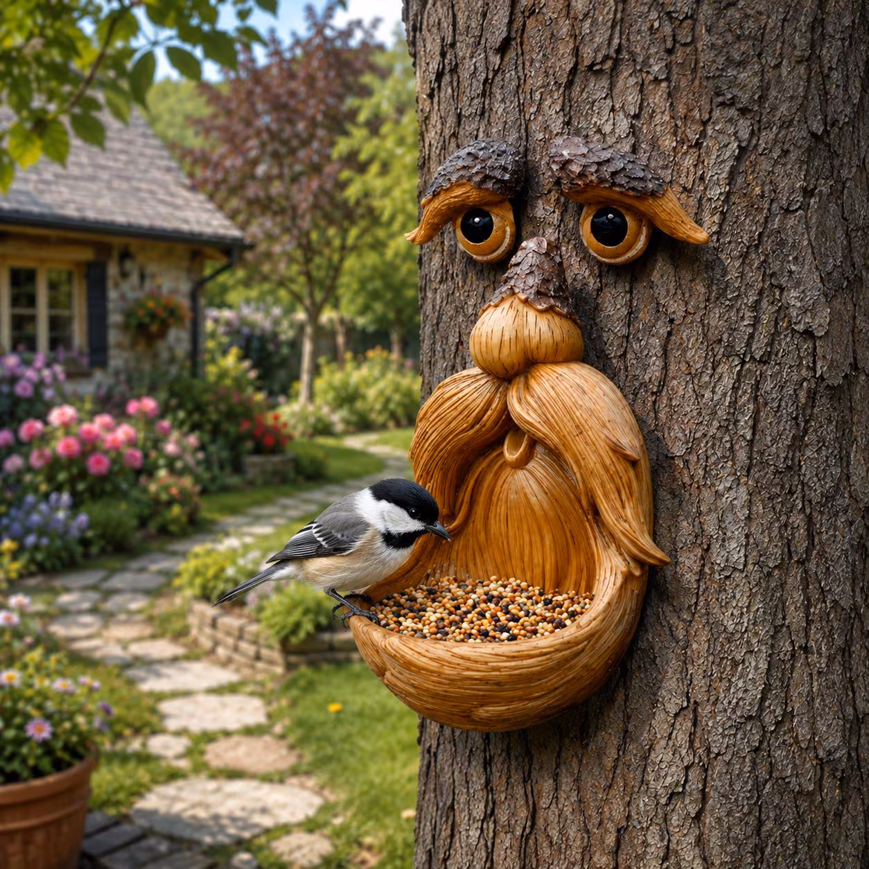 Tree Face Bird Feeder, Glow in Dark Eyes Old Man Tree Hugger, Outdoor Garden Yard Art, Funny Lawn Ornament Decor