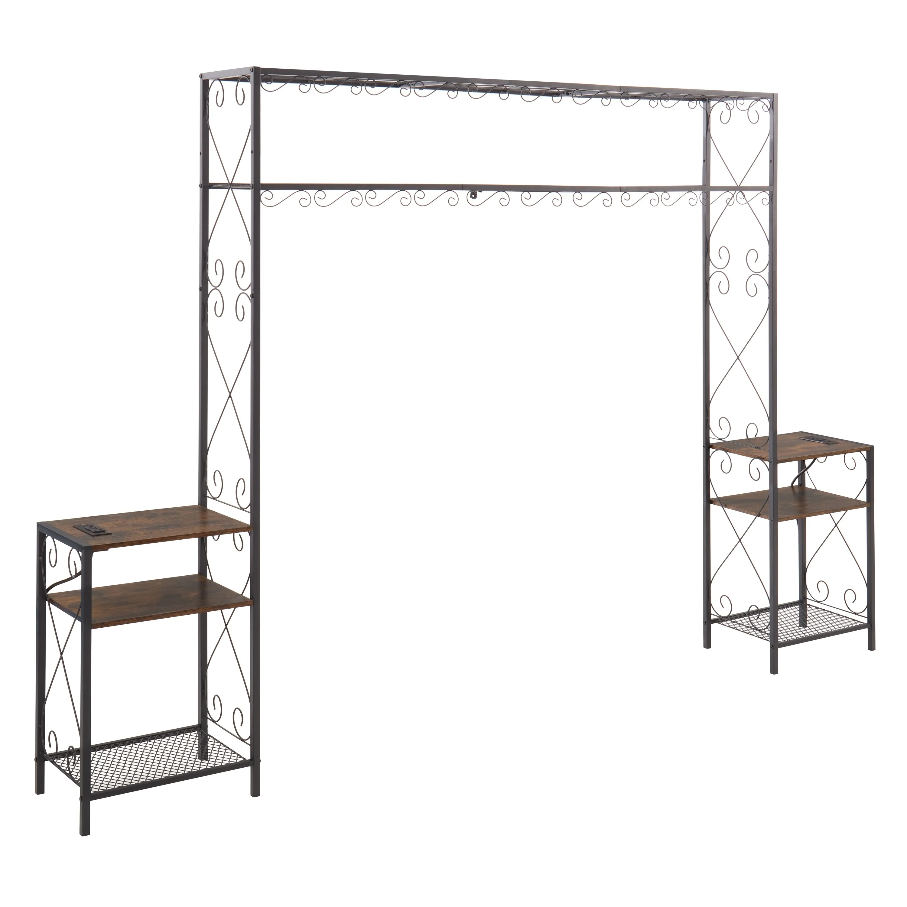 Rustic Brown Metal Queen Bed Frame, Headboard with 2 Nightstands and Bookcase