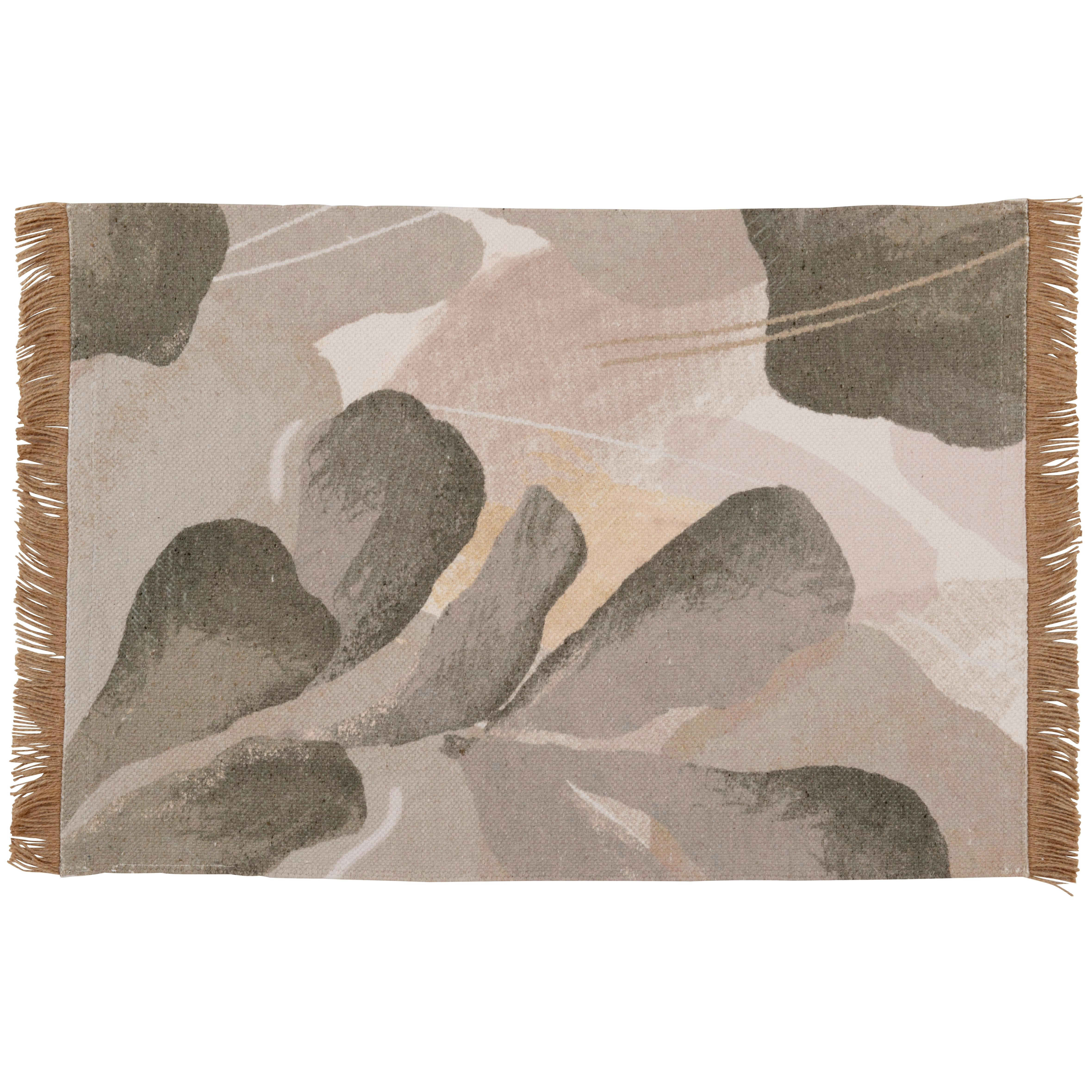 PAS - Tapis en coton recyclé motif végétal vert à franges