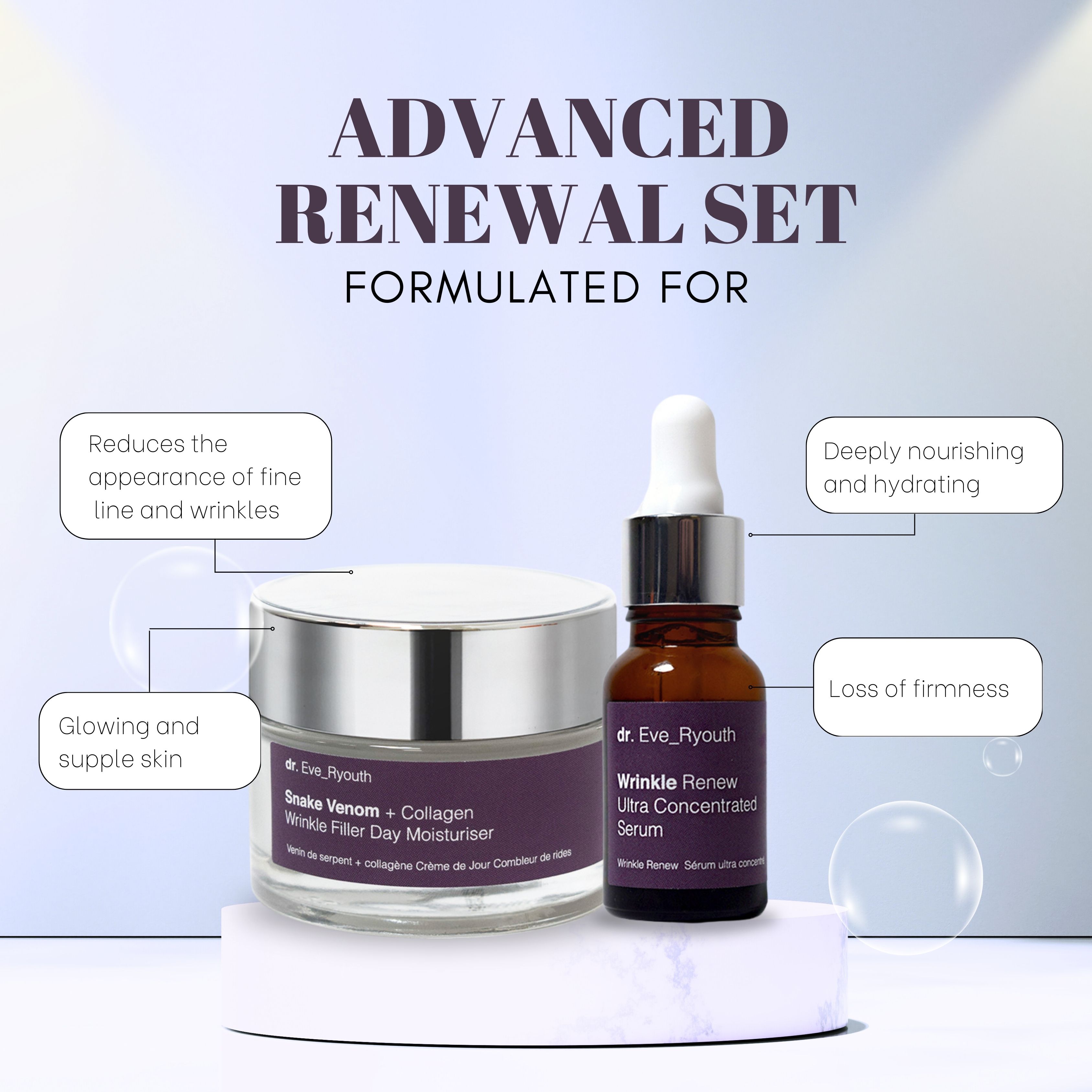 dr. Eve Ryouth Wrinkle Renew Serum 15ml & Snake Venom   Collagen Wrinkle Filler Day Moisturiser 50ml