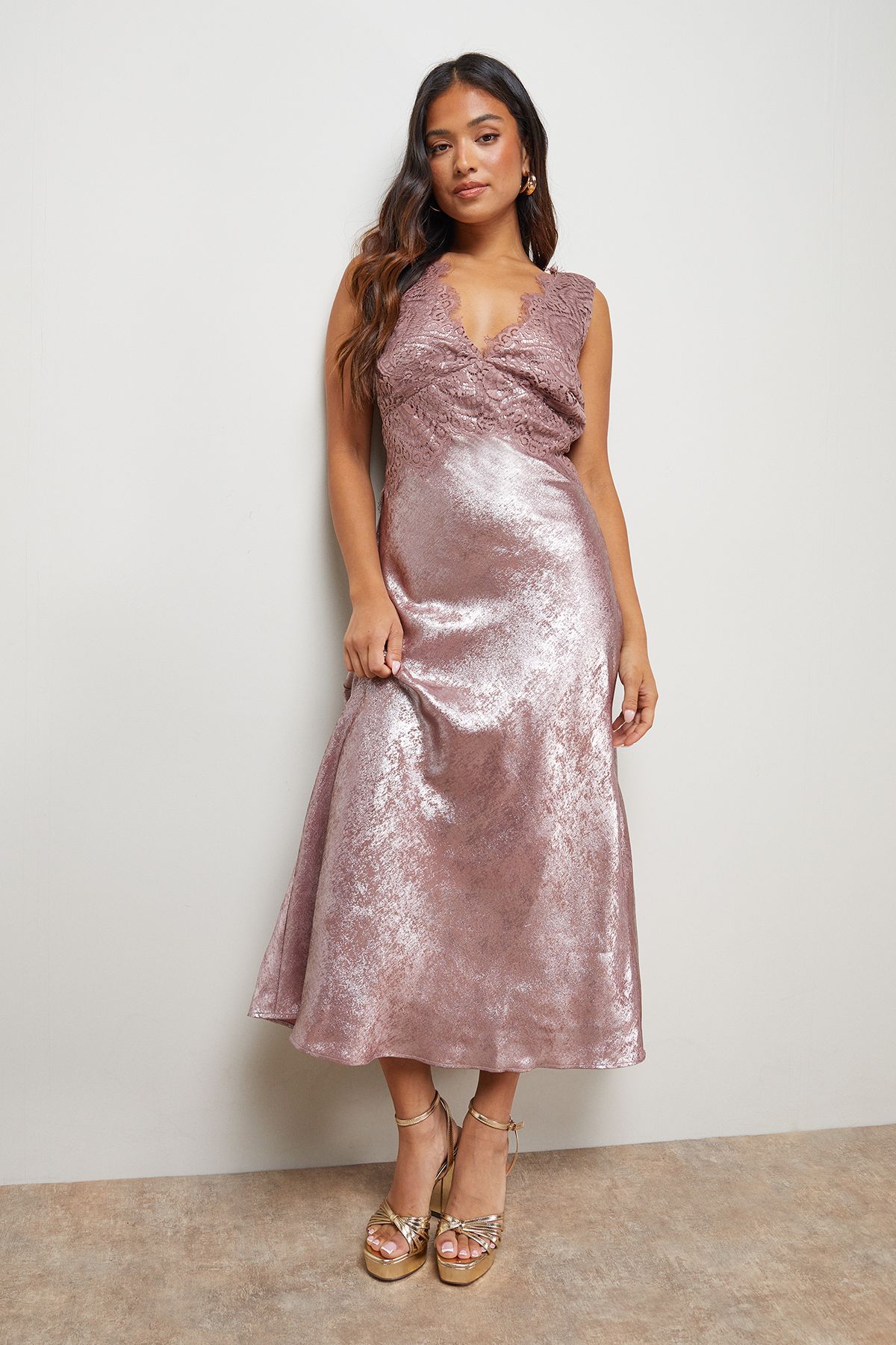 Oasis Petite Metallic Lace Detail Midi Slip Dress