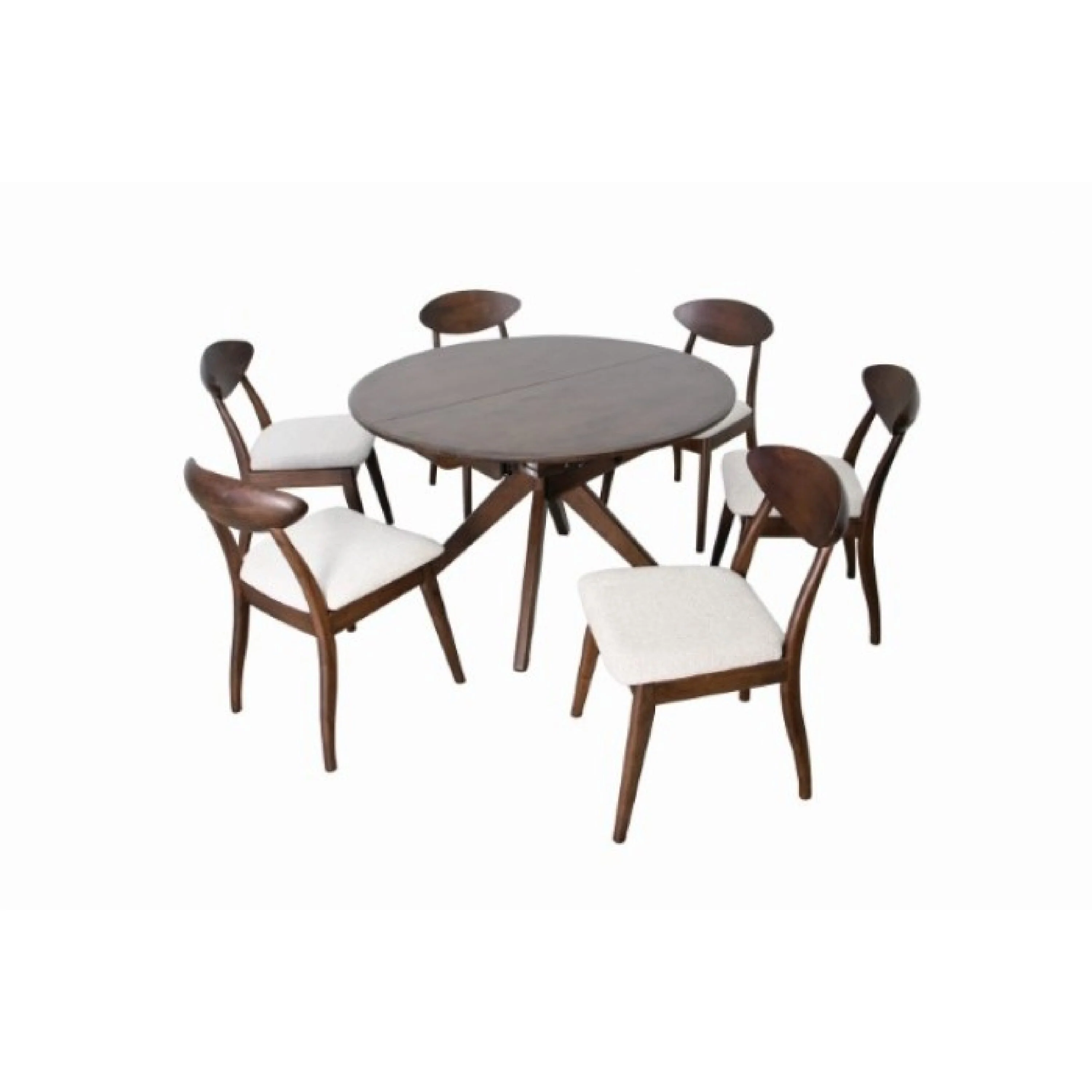 Mikie 7pc Extendable Dining Table Set, 6 Ivory Fabric Chairs, Brown