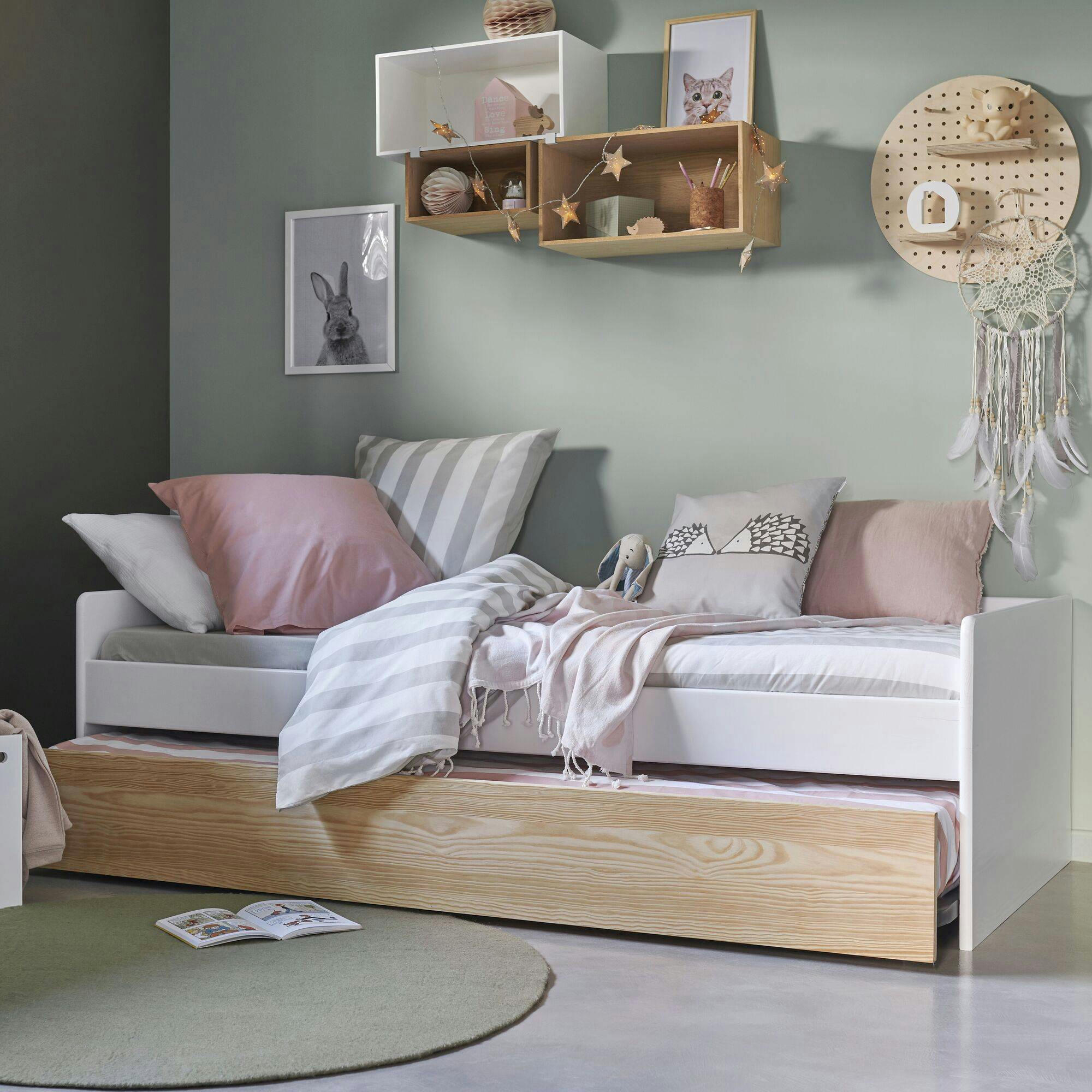 SANDRO - Lit banquette gigogne en bois 90 x 190 cm blanc/bois