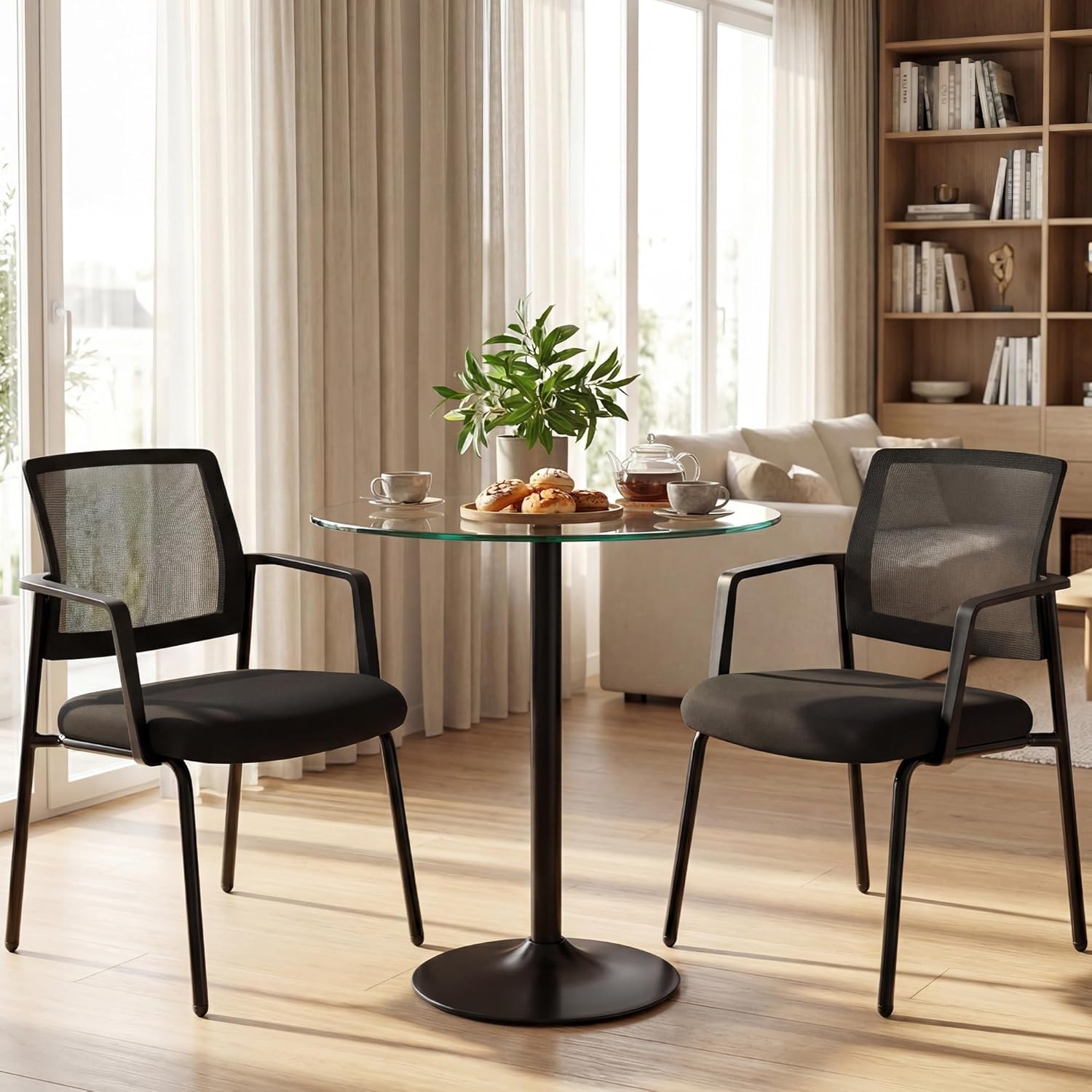Sweetcrispy Mesh Back Stacking Arm Chairs, Upholstered Fabric Stacking Chairs, Sturdy Metal Office Chairs, Easy to Use and Store, Outdoor and Indoor, for Home, School, Party, Church, 2 Pack Black