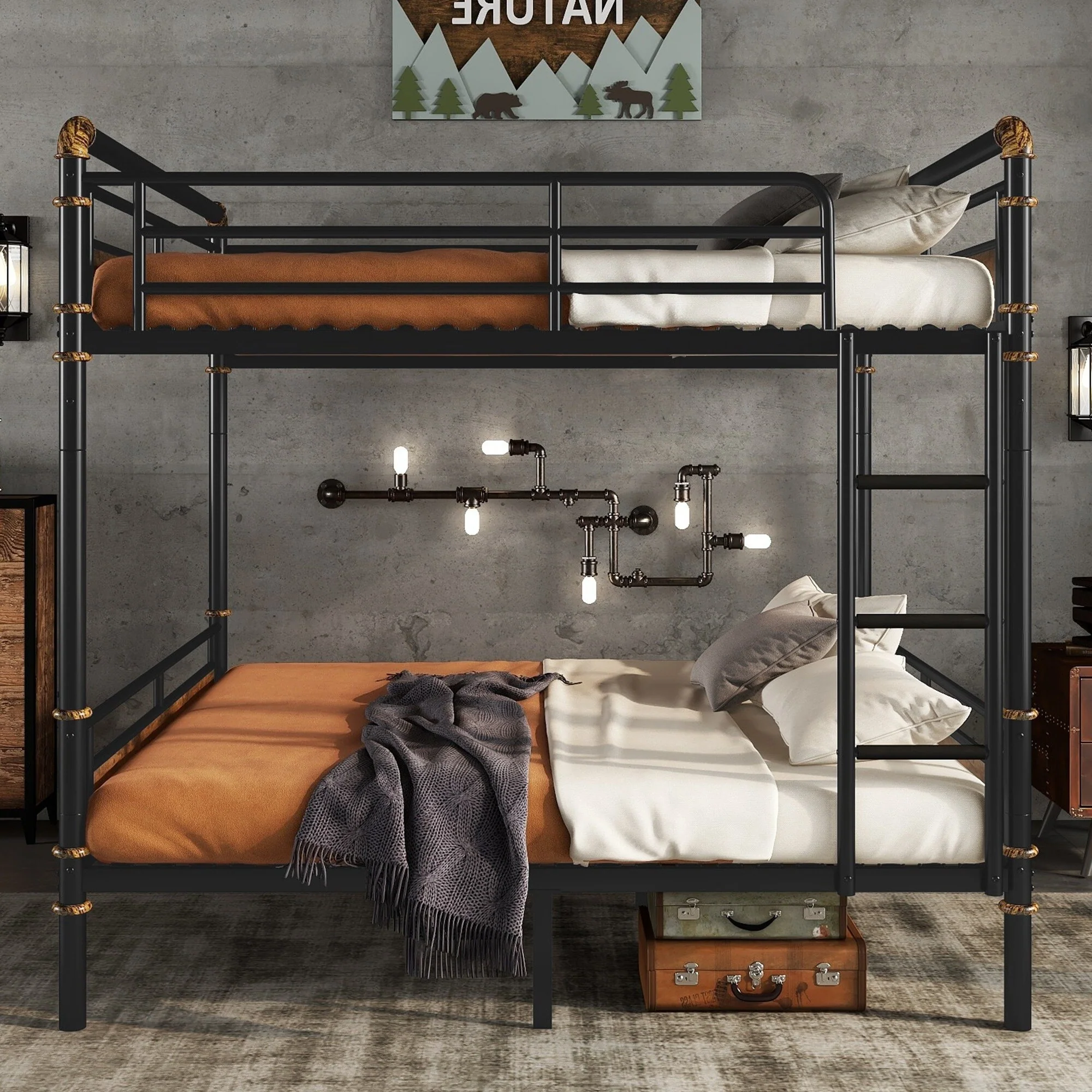 Queen over Queen Metal Bunk Bed, Industrial Detachable Bunkbeds with Safety Guard Rails for Teens