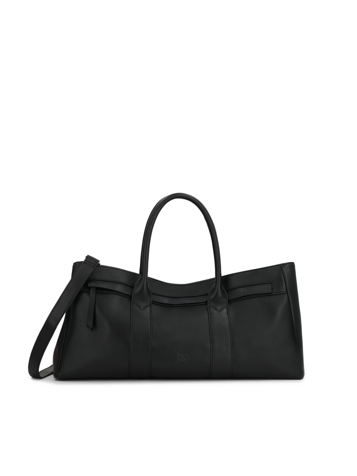 Black handbag made of soft natural leather with elongated cut