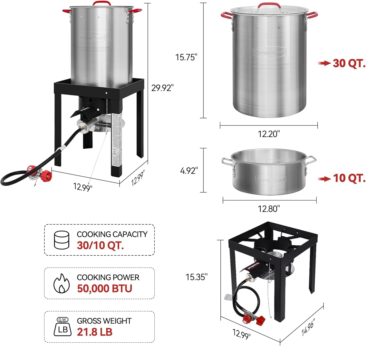CreoleFeast TFS3010 Propane 30 Qt. Turkey and 10 Qt. Fish Fryer Boiler Steamer Set, 50,000 BTU Burner, Ideal for Outdoor Cooking