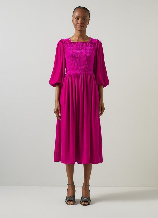 Callista Magenta Smocked Fluid Velvet Dress