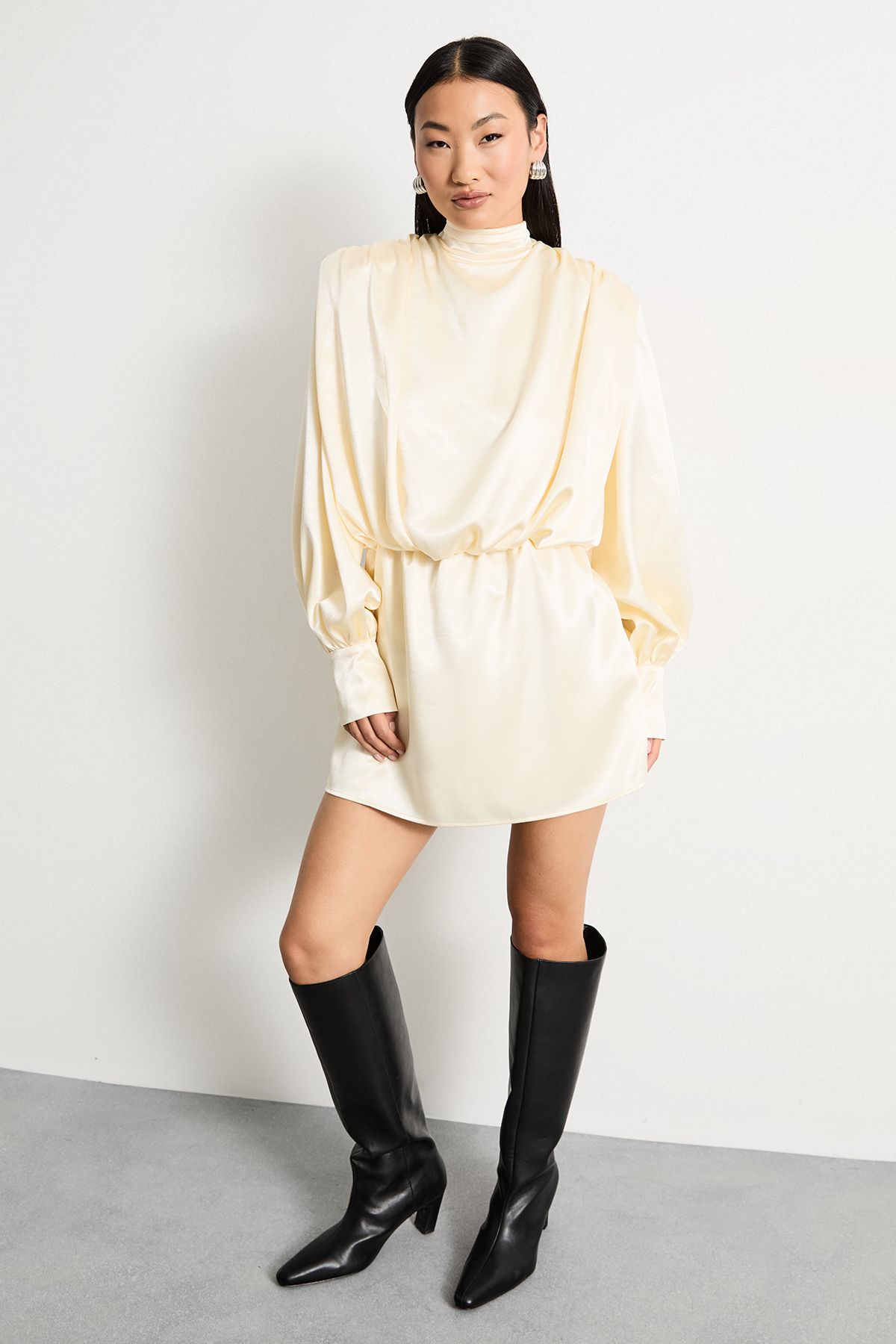 Warehouse Petite Extreme Shoulder Draped Satin Mini Dress