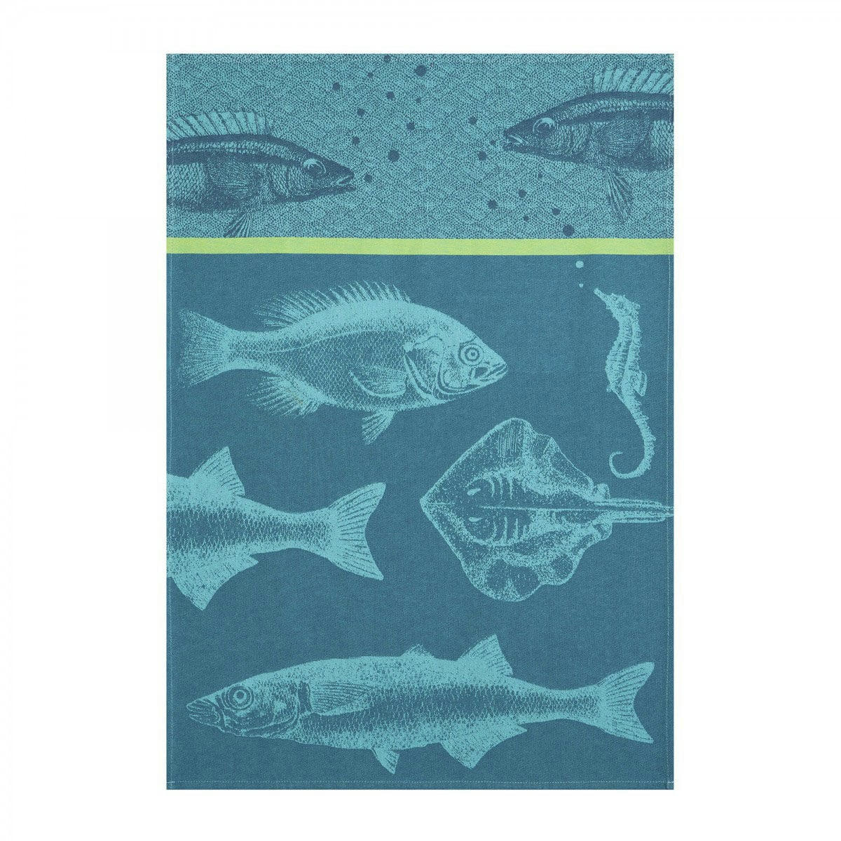 BANC DE POISSONS - Torchon en jacquard de coton bleu 50x75