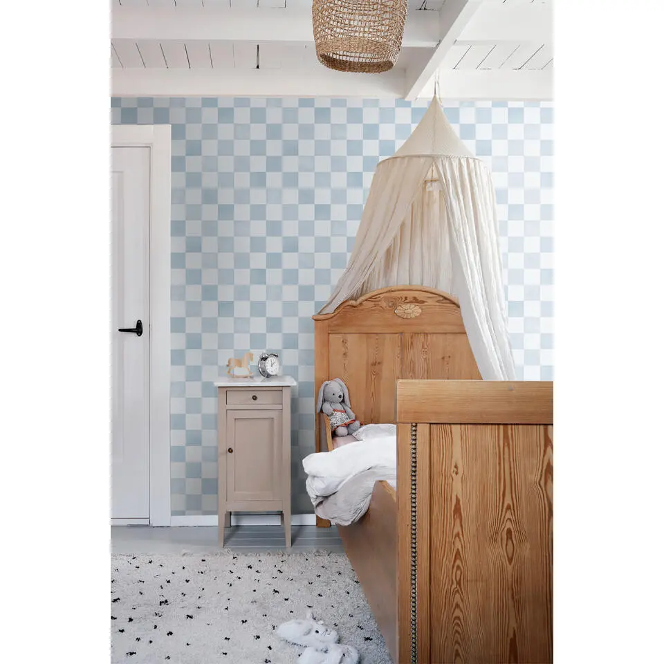 ESTAhome behang geblokt motief blauw - 53 cm x 10.05 m