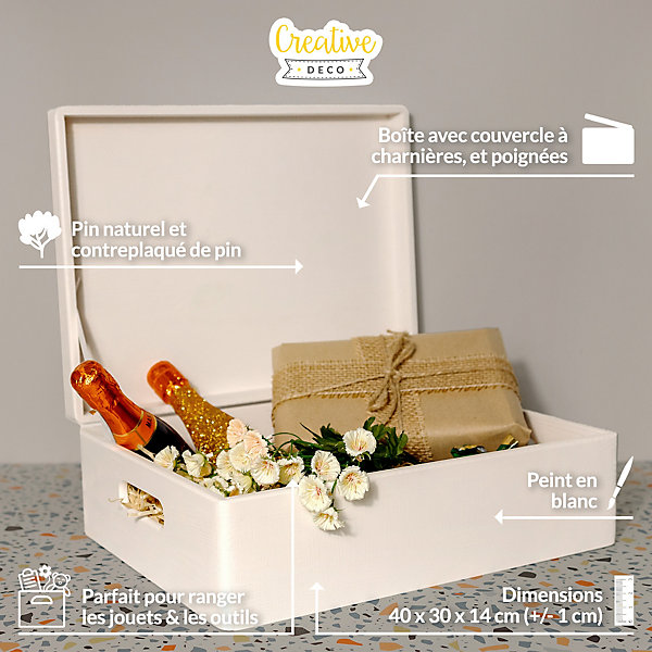 Creative Deco Boite de Rangement en Bois Blanc 40 x 30 x 14 cm ( /-1cm) - Couvercle et Poignées - Boîte Souvenirs - Boîte à Jouets