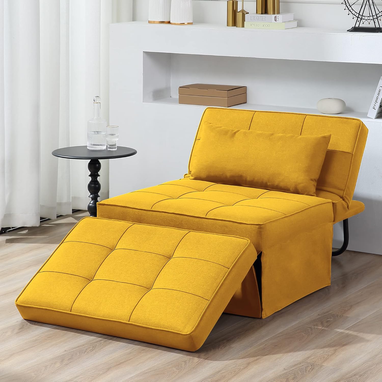 BIGSYY Sofa Bed, Set of 4 in 1 Multi-Function Folding Ottoman Breathable Linen Couch Bed with Adjustable Backrest Modern Convertible Chair for Living Room Apartment Office, Yellow