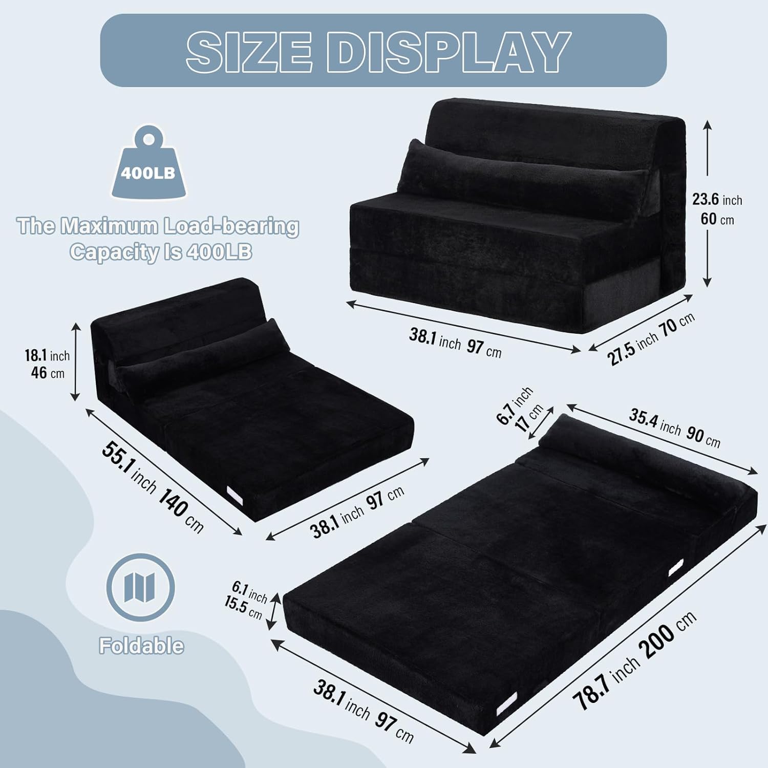 Tiita Convertible Folding Sofa Bed Twin Size for Adults with Pillow, Plush Fabric Floor Mattress Couch Bed, Washable Cover & Side Pocket, Guest Room, Dorm, Apartment, Living Room, Black