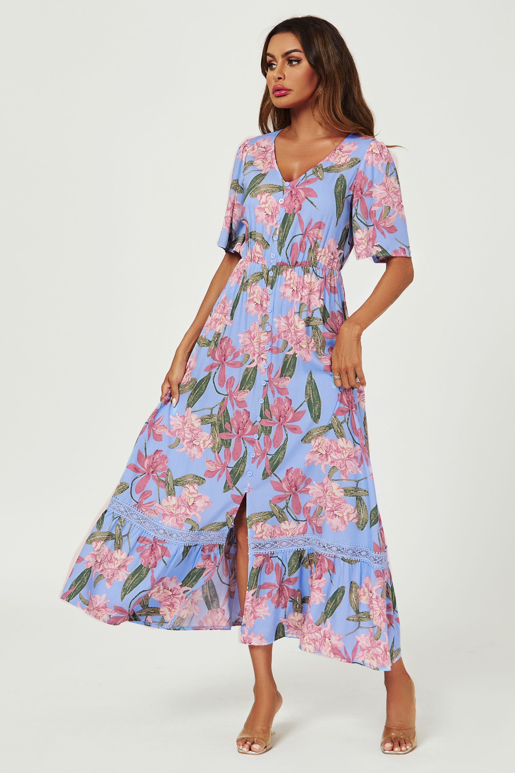 FS Collection Floral Print Lace Detail Maxi Dress In Blue