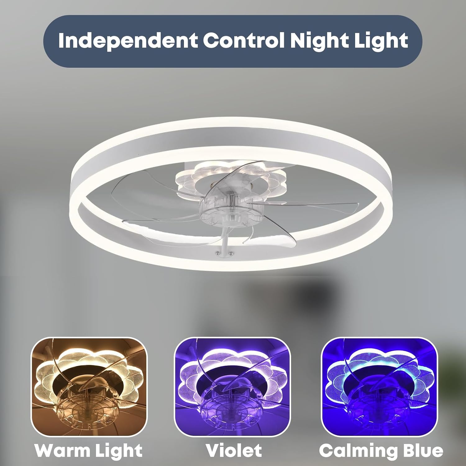 Fszdorj 23.6'' Ceiling Fan with Light, Upgraded Low Profile Fan, Flush Mount Ceiling Fan, 6 Speeds, Dimmable LED, App & Remote Control, Quiet DC Motor, for Bedroom, Living Room, F105 White