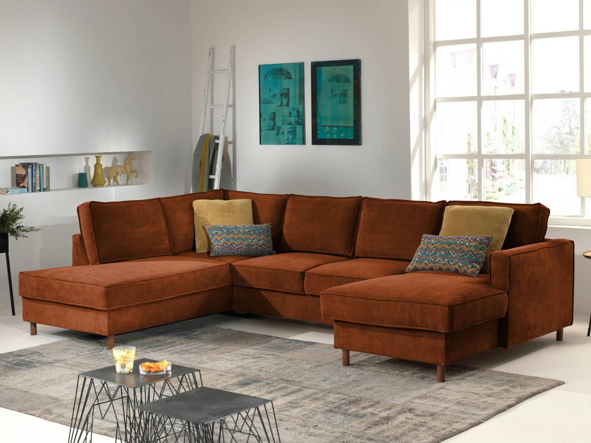 JAKE - Canapé panoramique 7 places angle gauche en velours côtelé rouille