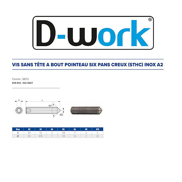 200 Vis Sans Tête 6 Pans Creux à Bout Pointeau STHC 8 x 10 mm - DIN 914 - Inox A2 - D-Work