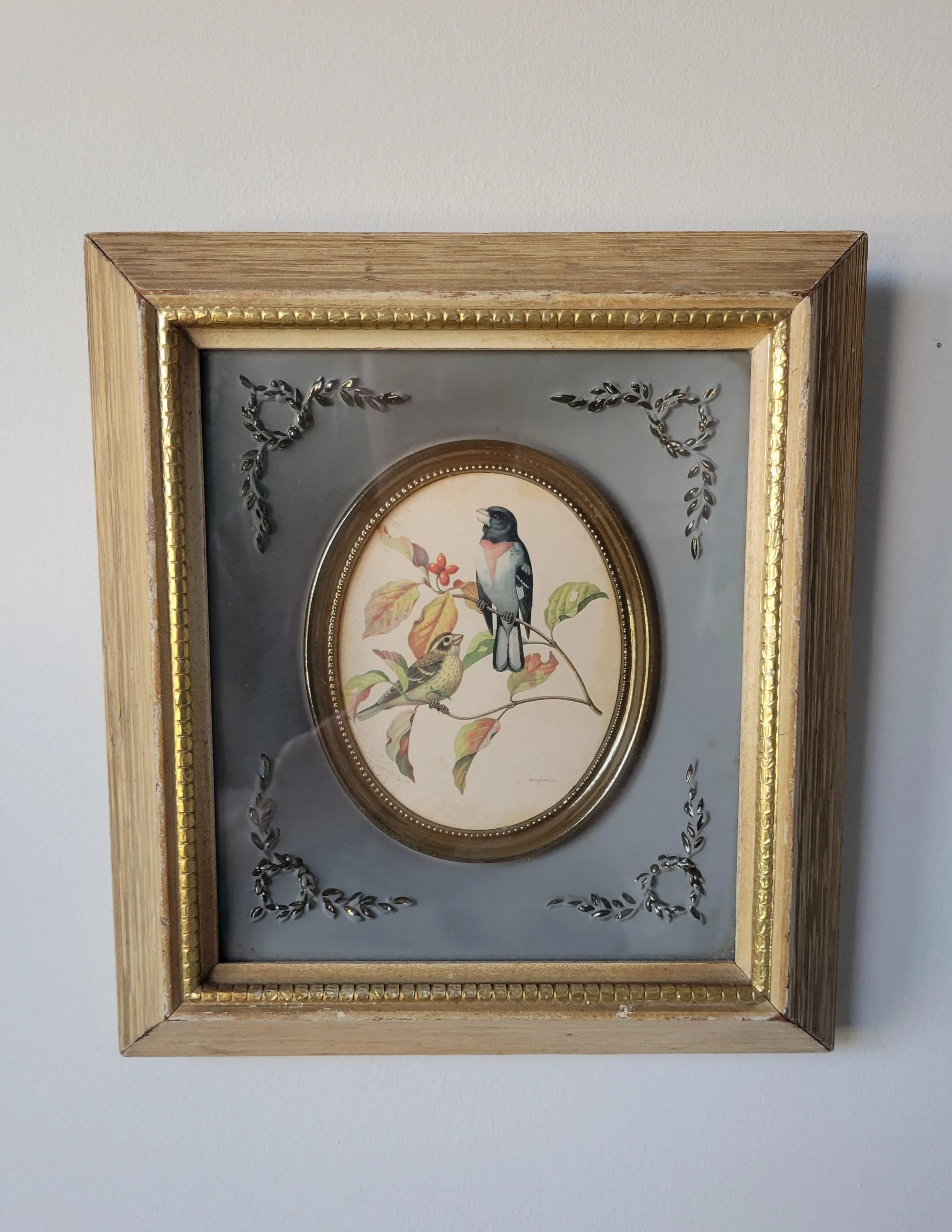 Vintage Rudolf Freund Bird Print Framed Reverse Painted Glass Mat Mid Century Wildlife Art Cottagecore Decor Nature Wall Hanging Gift