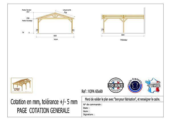 Carport adossé deux pentes 650cmx950cm bois DOUGLAS Français (Charpente en bois-auvent-abri voiture) 62m². Garantie 10 ans