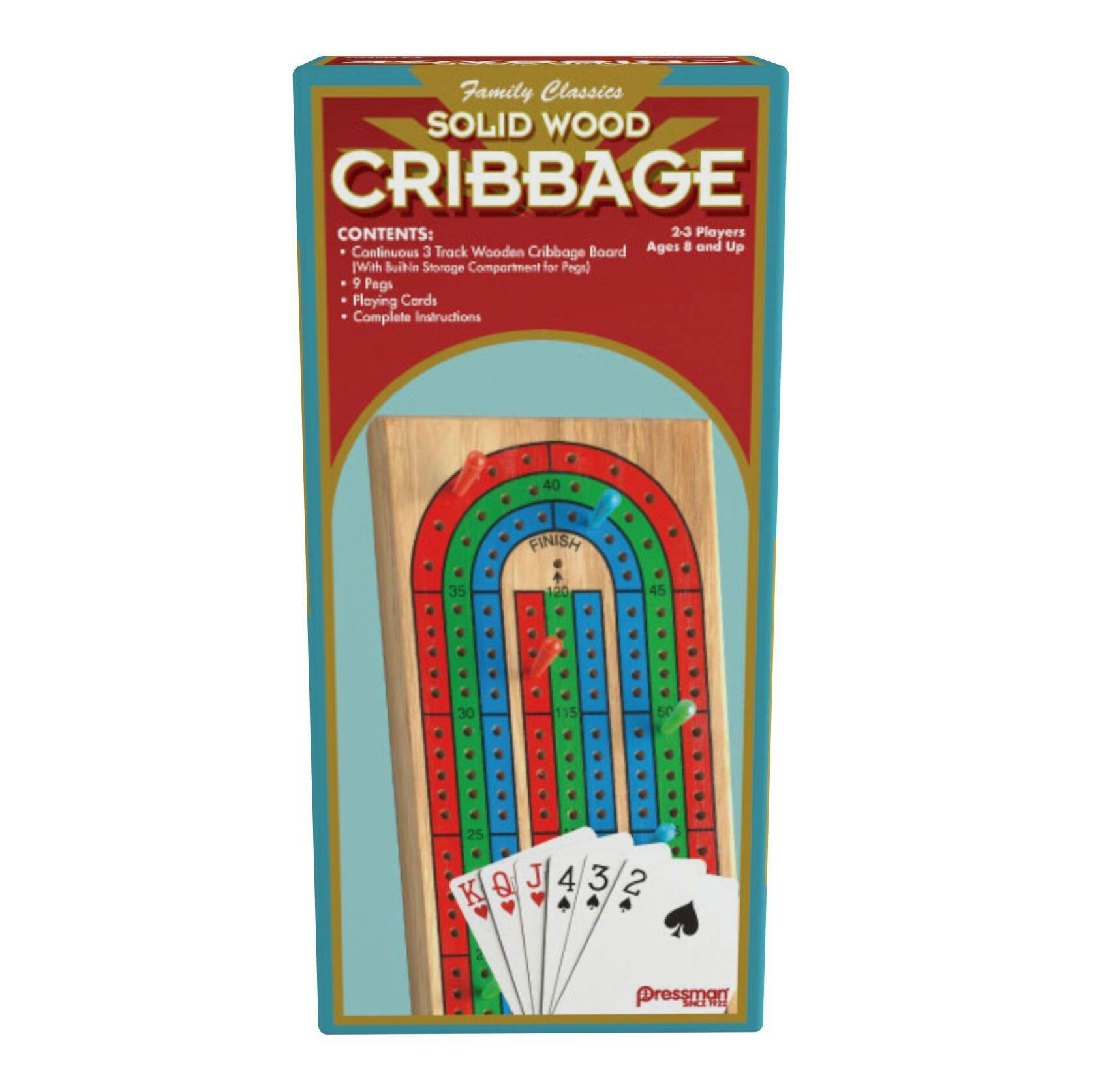 Cribbage Set- Solid Wood Continuous 3 Track Board with Built-In Storage Compartment for Pegs