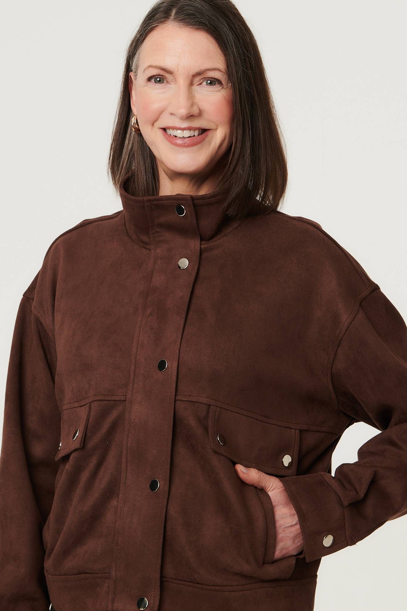 Izabel London Faux Suede Pocket Front Relaxed Jacket