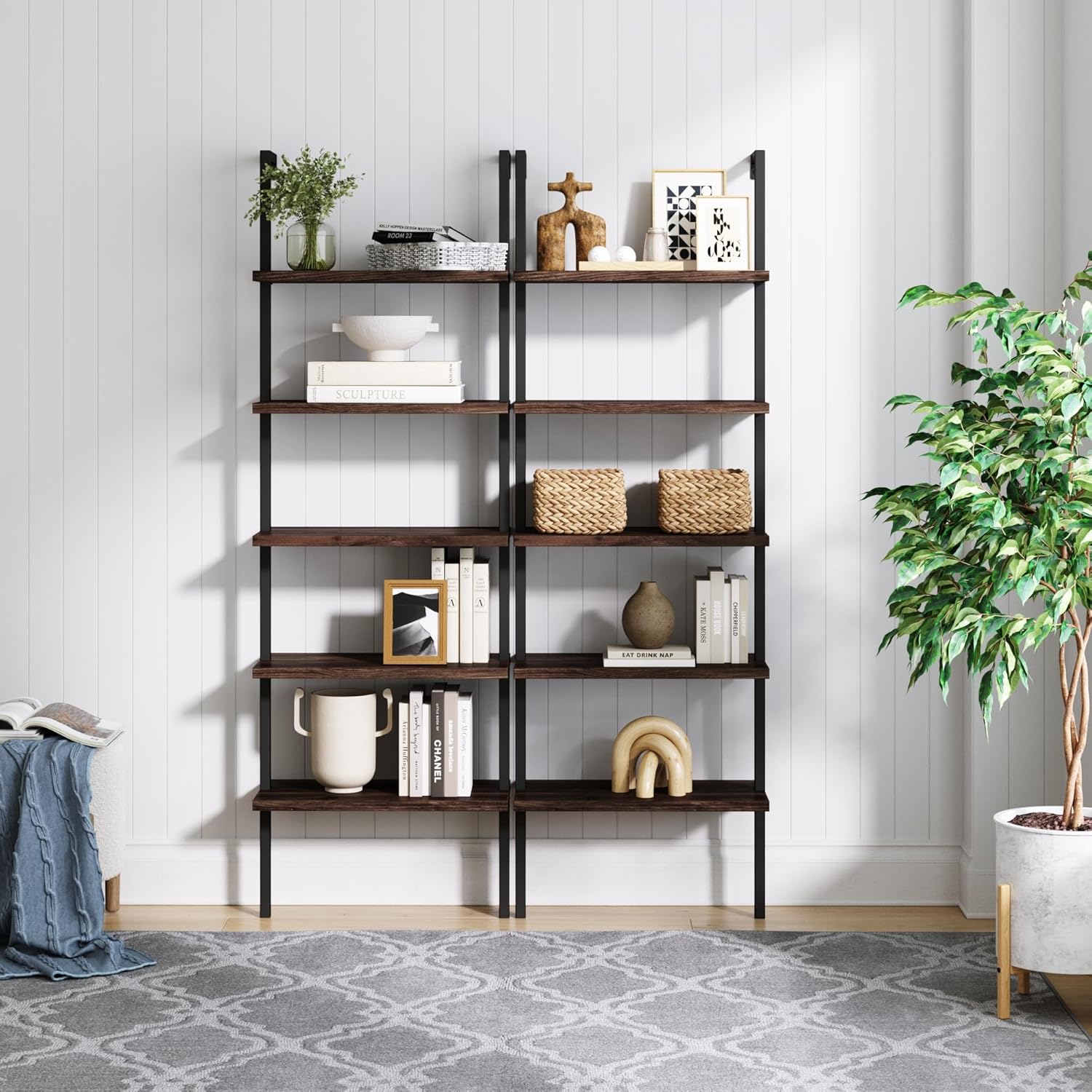 Nathan James 65501 Theo 5-Shelf Wood Modern Bookcase, Open Wall Mount Ladder Bookshelf with Industrial Metal Frame, Dark Walnut Brown/Black, Set of 2